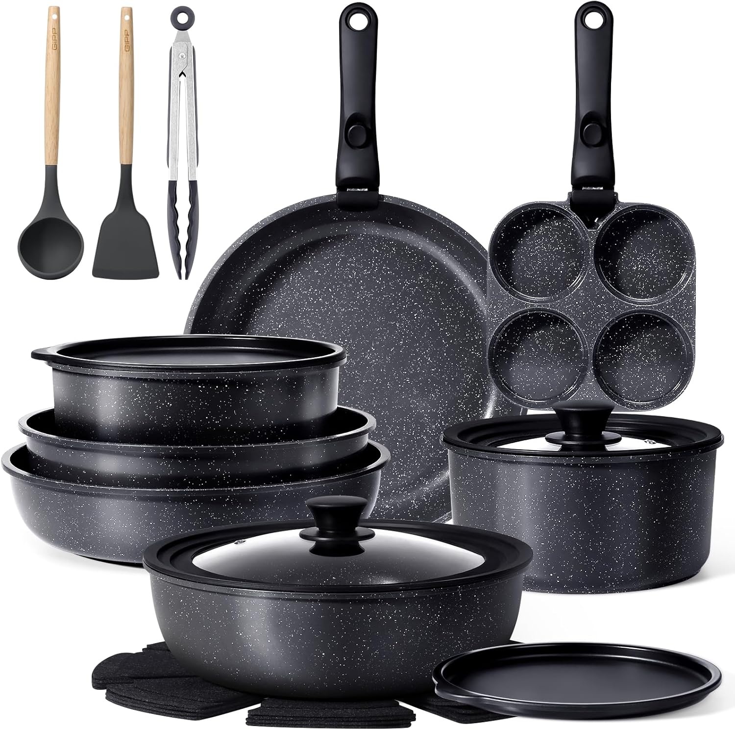 image:imageGIPP Large Size 21 Piece Pots and Pans Set Non Stickwith 12 inch Frying PanCookware Set with Detachable Handles Safe for Ovens and DishwashersInduction Cookers RV KitchenDark Gray