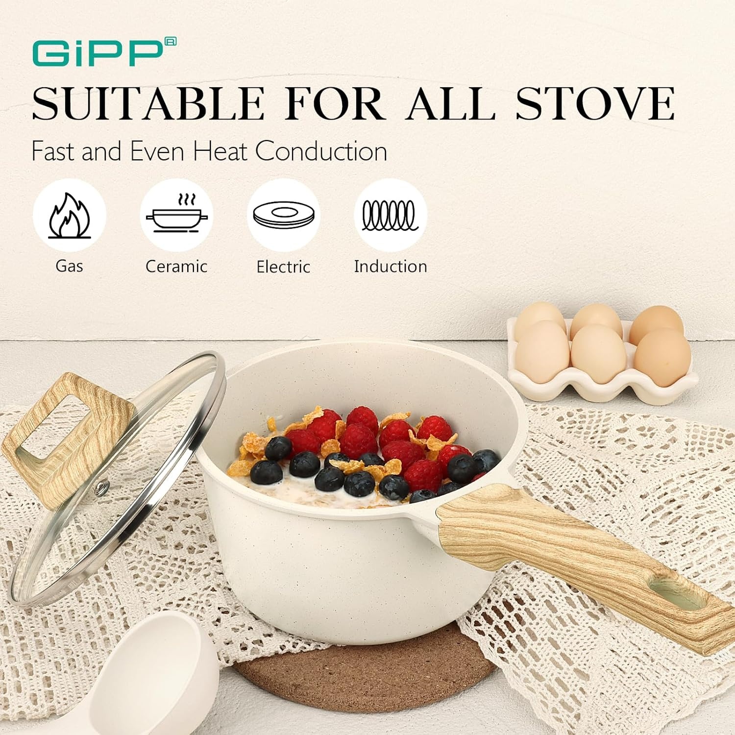 image:imageGiPP 15Qt amp 25Qt Sauce Pan Set with Lid Nonstick White Granite Non Stick Saucepan 4Pcs Sauce Pots Cooking Pot with Staycool Handle Small Kitchen Pots Set Induction Pot PFOA Free