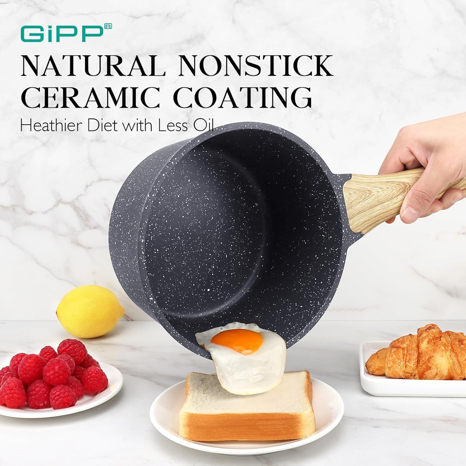 image:imageGiPP 36QT Nonstick Sauce Pan with Lid Large Non Stick Saucepan Cooking Pot with Staycool Handle Kitchen Pots Granite Sauce Pot Induction Compatible PFOA Free Grey