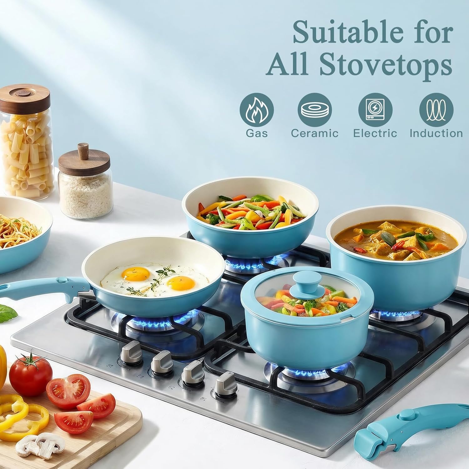 image:imageGiPP 5PCS Pots and Pans Set Non Stick Nonstick Cookware Set Detachable Handle Ceramic Pots for Cooking Non Stick with Removable Handle RV Cookware Set for All Stoves Red Black GradienLight Blue Gradient