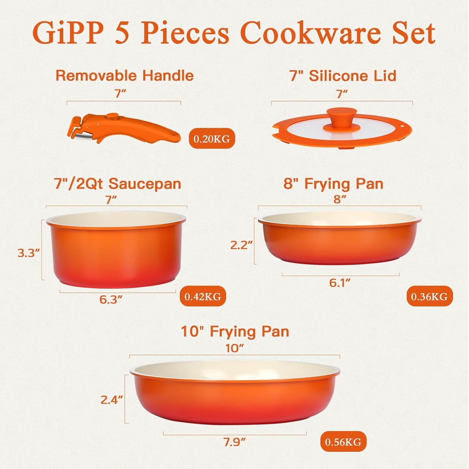 image:imageGiPP 5PCS Pots and Pans Set Non Stick Nonstick Cookware Set Detachable Handle Ceramic Pots for Cooking Non Stick with Removable Handle RV Cookware Set for All Stoves Red Black GradienOrange Gradient