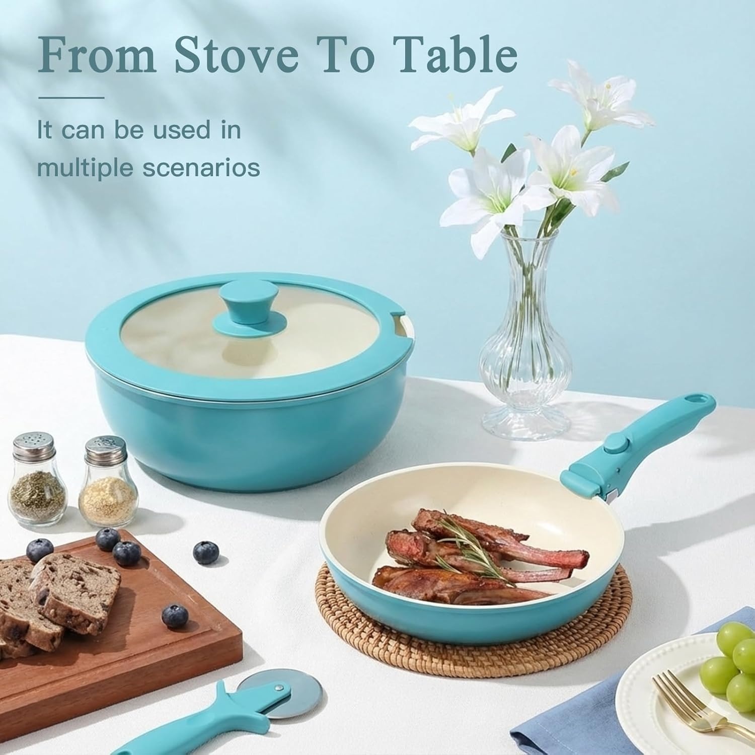 image:imageGiPP 5PCS Pots and Pans Set Non Stick Nonstick Cookware Set Detachable Handle Ceramic Pots for Cooking Non Stick with Removable Handle RV Cookware Set for All Stoves Red Black GradienLight Blue Gradient