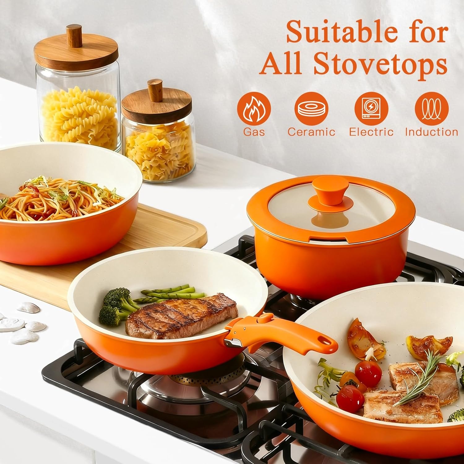 image:imageGiPP 5PCS Pots and Pans Set Non Stick Nonstick Cookware Set Detachable Handle Ceramic Pots for Cooking Non Stick with Removable Handle RV Cookware Set for All Stoves Red Black GradienOrange Gradient