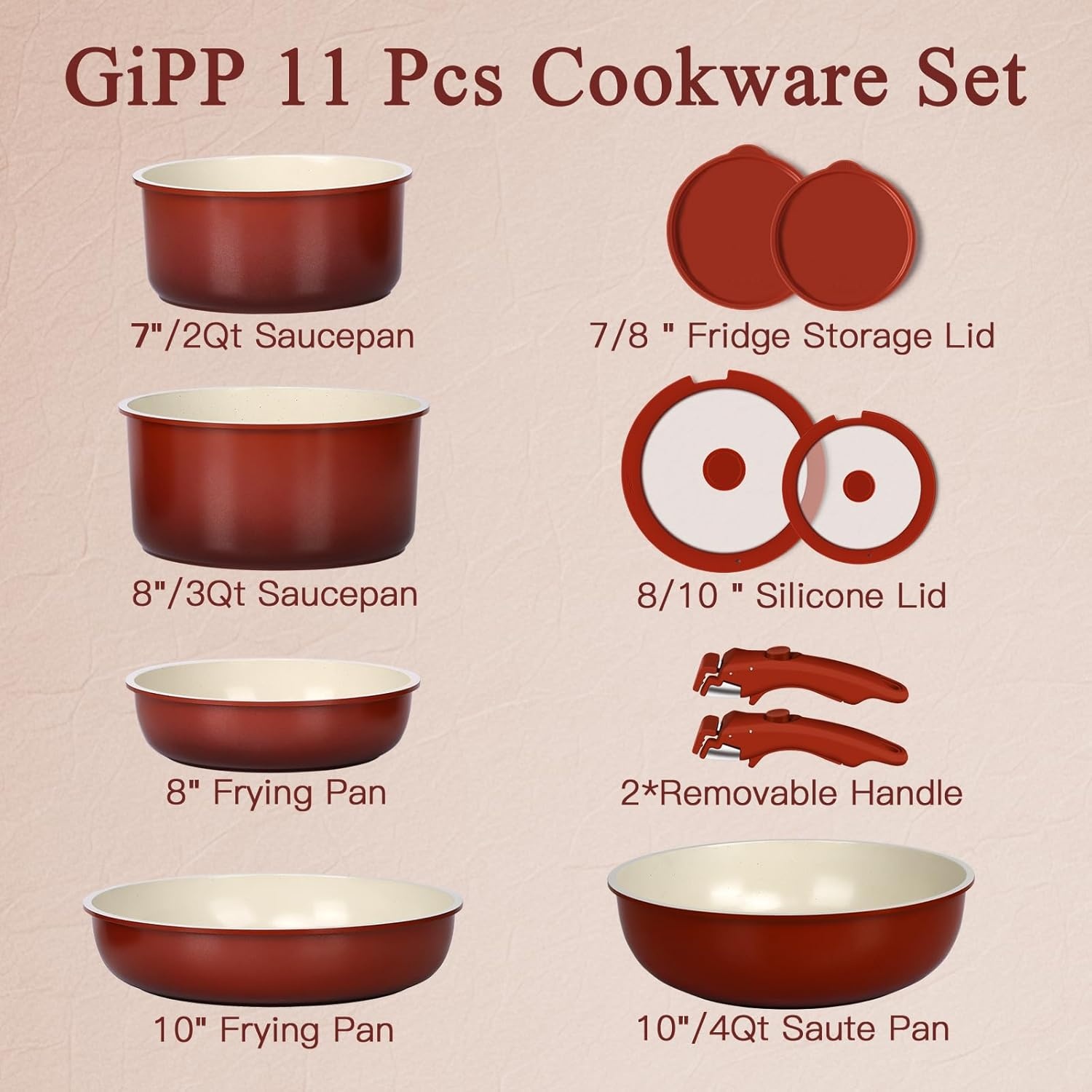 image:imageGiPP 5PCS Pots and Pans Set Non Stick Nonstick Cookware Set Detachable Handle Ceramic Pots for Cooking Non Stick with Removable Handle RV Cookware Set for All Stoves Red Black GradienRed and Black Gradient