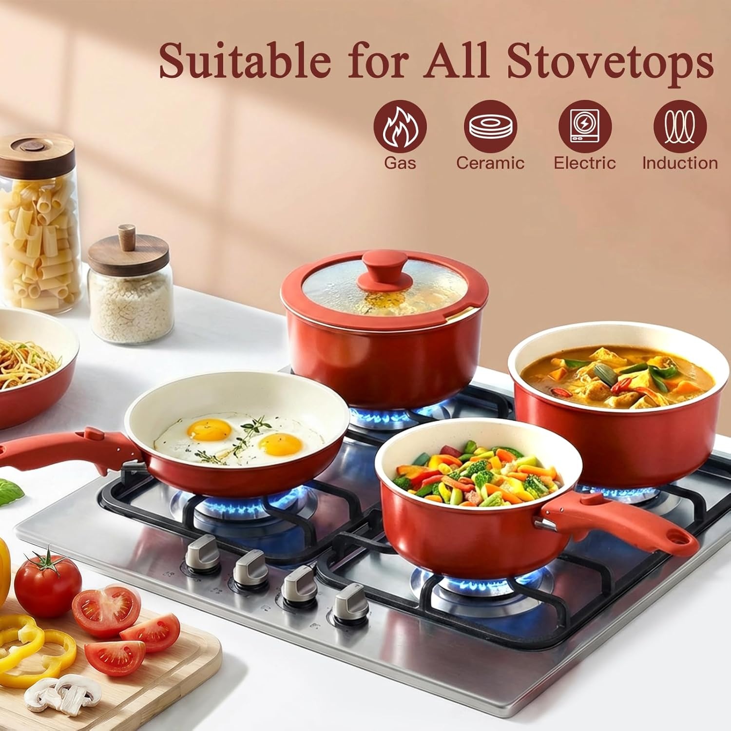 image:imageGiPP 5PCS Pots and Pans Set Non Stick Nonstick Cookware Set Detachable Handle Ceramic Pots for Cooking Non Stick with Removable Handle RV Cookware Set for All Stoves Red Black GradienRed and Black Gradient