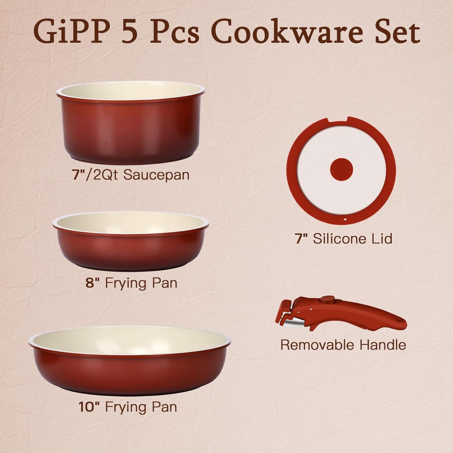 image:imageGiPP 5PCS Pots and Pans Set Non Stick Nonstick Cookware Set Detachable Handle Ceramic Pots for Cooking Non Stick with Removable Handle RV Cookware Set for All Stoves Red Black GradienRed and Black Gradient