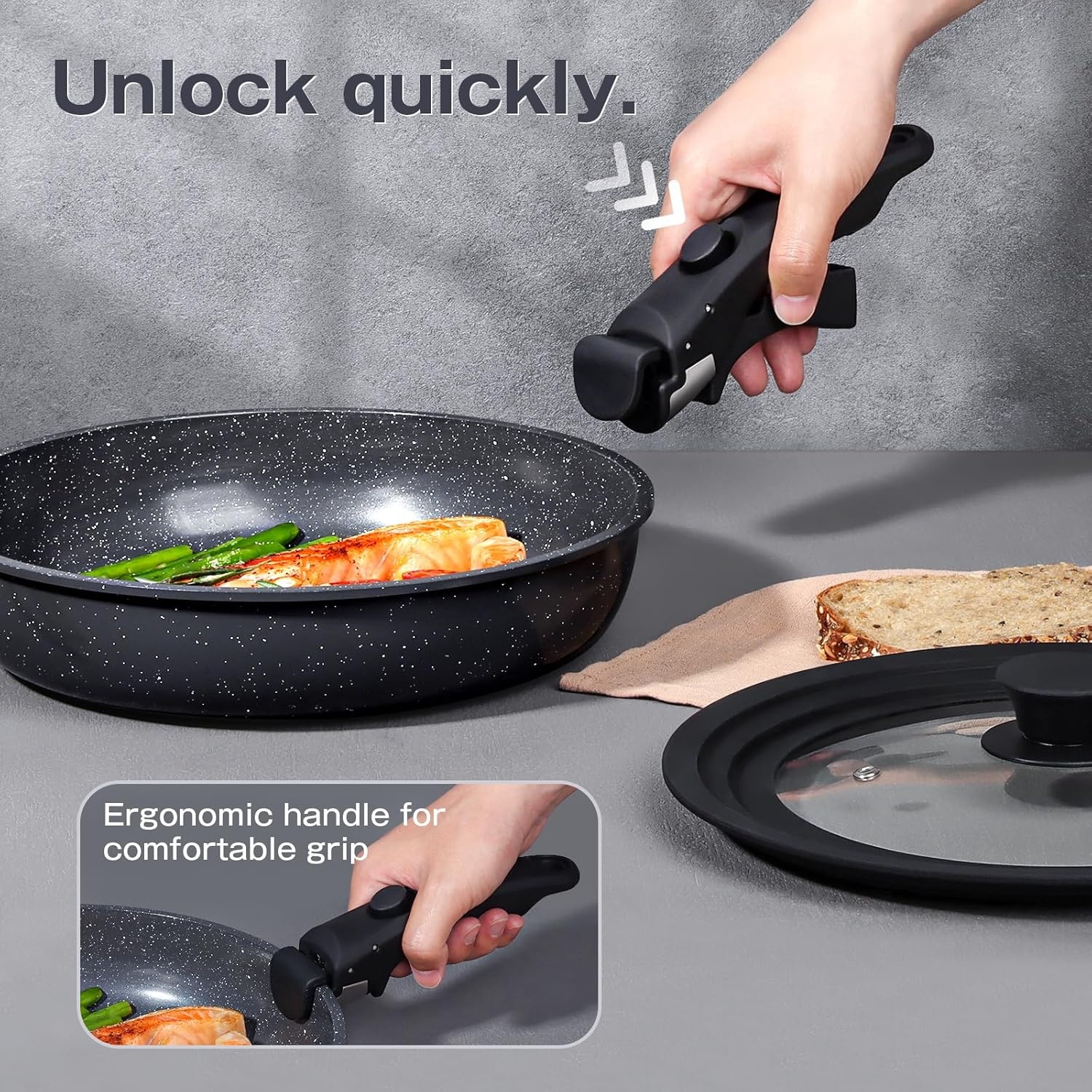 image:imageGiPP 5Pcs Pots and Pans Set Non Stick Cookware Sets Nonstick Detachable Handle Induction Kitchen Set Removable Handle RV Cookware set Oven SafeDark Gray