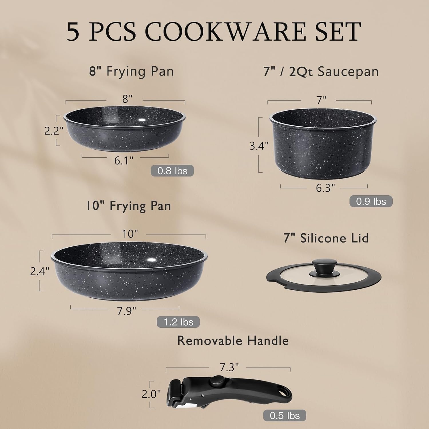 image:imageGiPP 5Pcs Pots and Pans Set Non Stick Cookware Sets Nonstick Detachable Handle Induction Kitchen Set Removable Handle RV Cookware set Oven SafeDark Gray