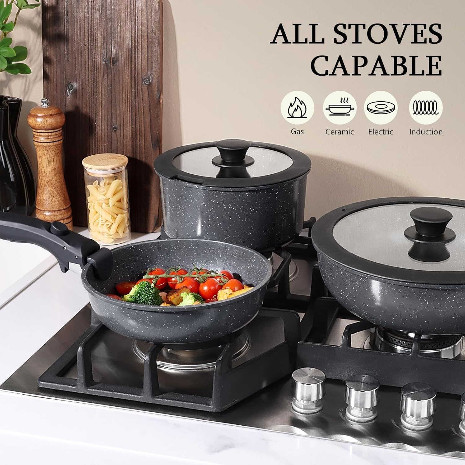 image:imageGiPP 5Pcs Pots and Pans Set Non Stick Cookware Sets Nonstick Detachable Handle Induction Kitchen Set Removable Handle RV Cookware set Oven SafeDark Gray