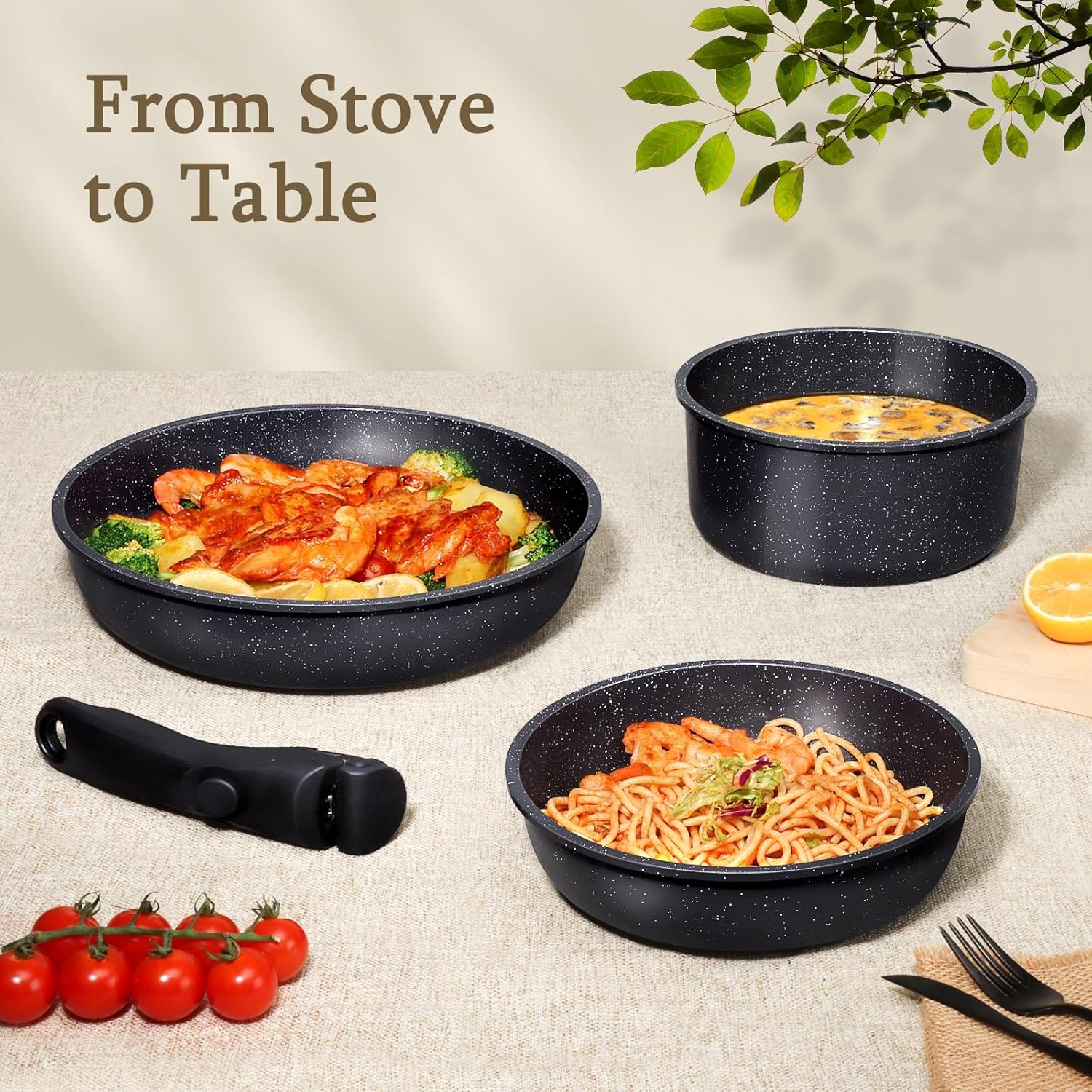 image:imageGiPP 5Pcs Pots and Pans Set Non Stick Cookware Sets Nonstick Detachable Handle Induction Kitchen Set Removable Handle RV Cookware set Oven SafeDark Gray