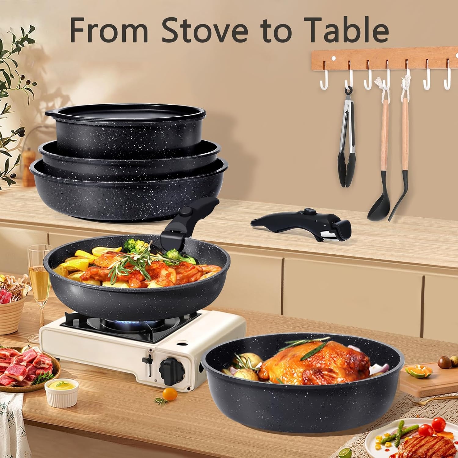 image:imageGiPP 5Pcs Pots and Pans Set Non Stick Cookware Sets Nonstick Detachable Handle Induction Kitchen Set Removable Handle RV Cookware set Oven SafeDark Gray