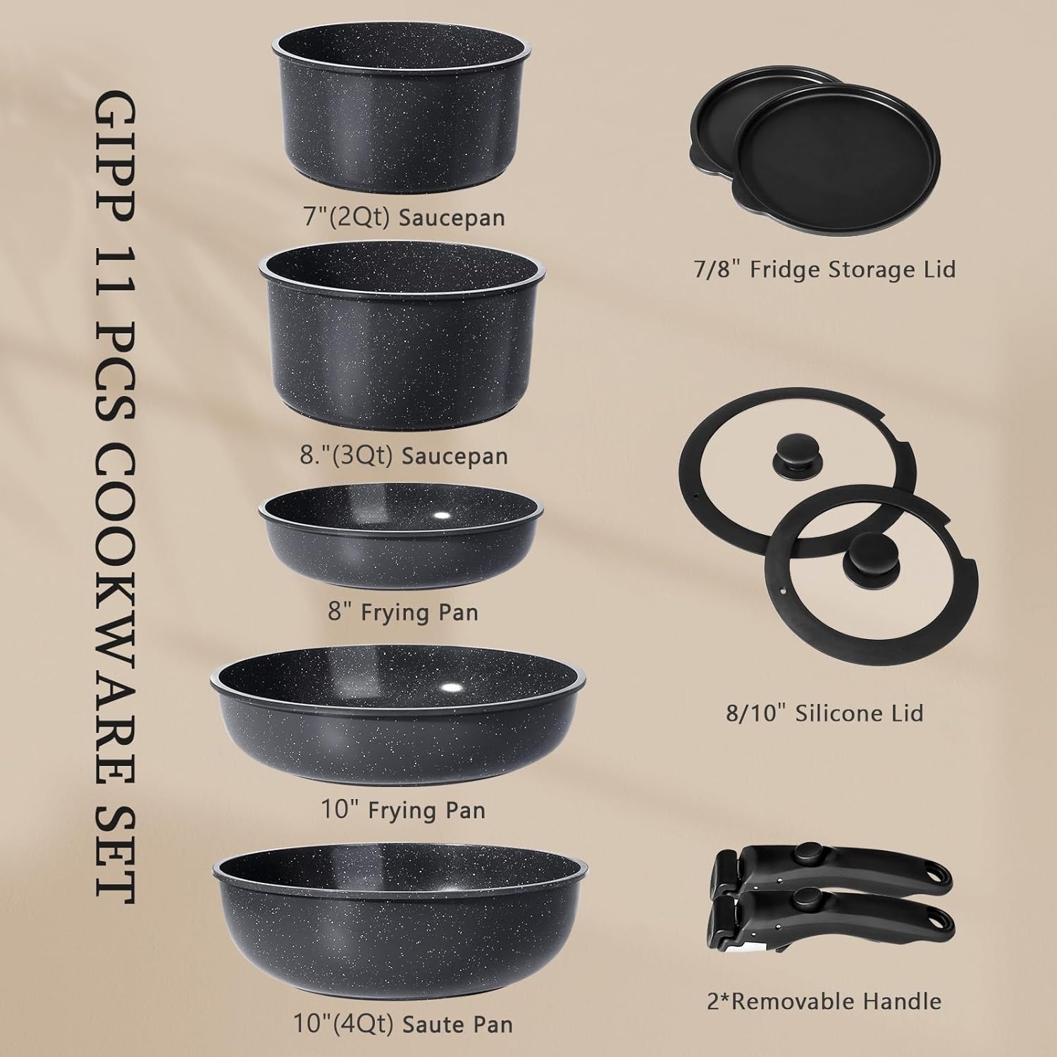 image:imageGiPP 5Pcs Pots and Pans Set Non Stick Cookware Sets Nonstick Detachable Handle Induction Kitchen Set Removable Handle RV Cookware set Oven SafeDark Gray