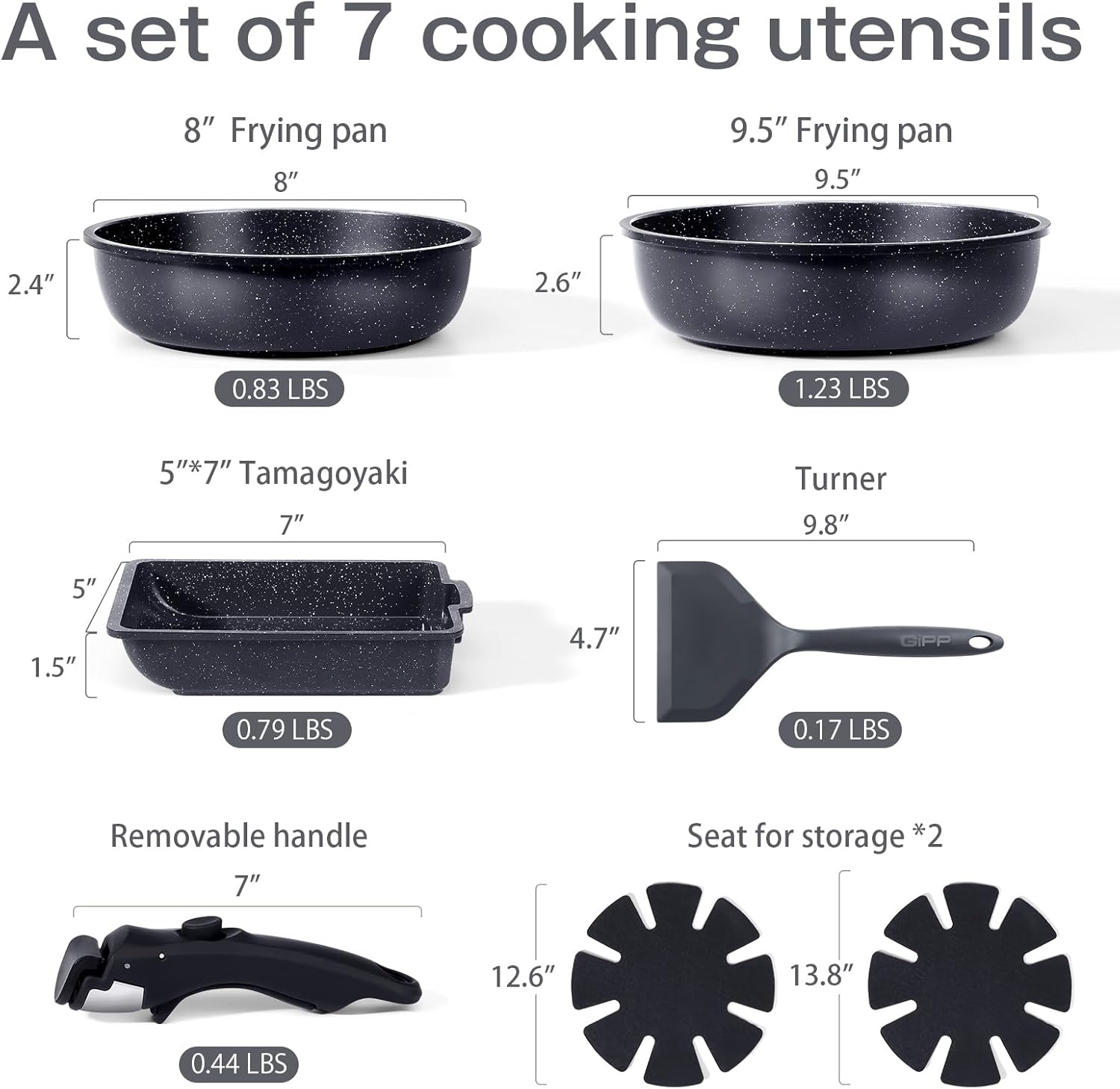 image:imageGiPP 5Pcs Pots and Pans Set Non Stick Cookware Sets Nonstick Detachable Handle Induction Kitchen Set Removable Handle RV Cookware set Oven SafeDark Gray