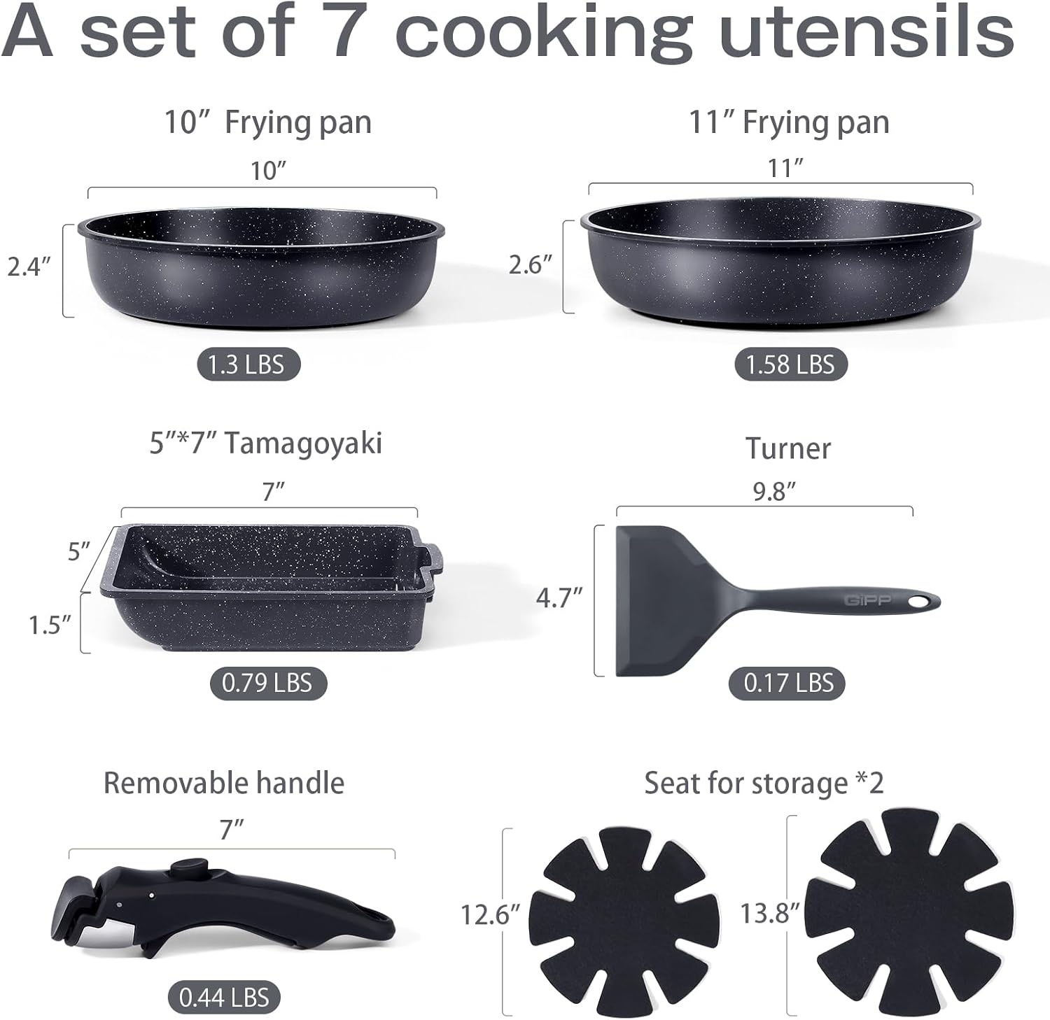 image:imageGiPP 5Pcs Pots and Pans Set Non Stick Cookware Sets Nonstick Detachable Handle Induction Kitchen Set Removable Handle RV Cookware set Oven SafeDark Gray