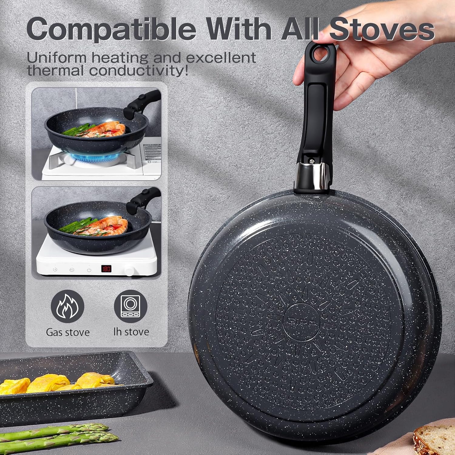 image:imageGiPP 5Pcs Pots and Pans Set Non Stick Cookware Sets Nonstick Detachable Handle Induction Kitchen Set Removable Handle RV Cookware set Oven SafeDark Gray