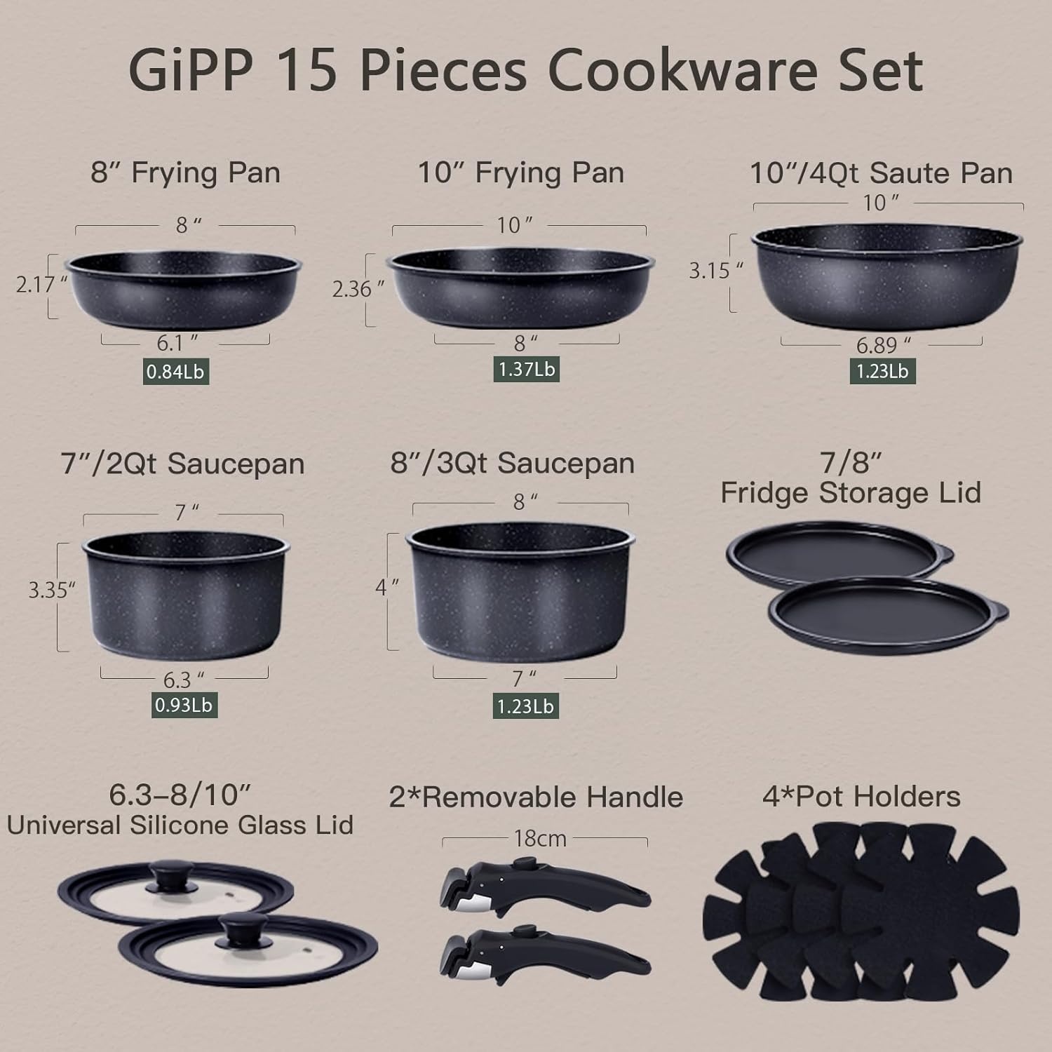 image:imageGiPP 5Pcs Pots and Pans Set Non Stick Cookware Sets Nonstick Detachable Handle Induction Kitchen Set Removable Handle RV Cookware set Oven SafeDark Gray