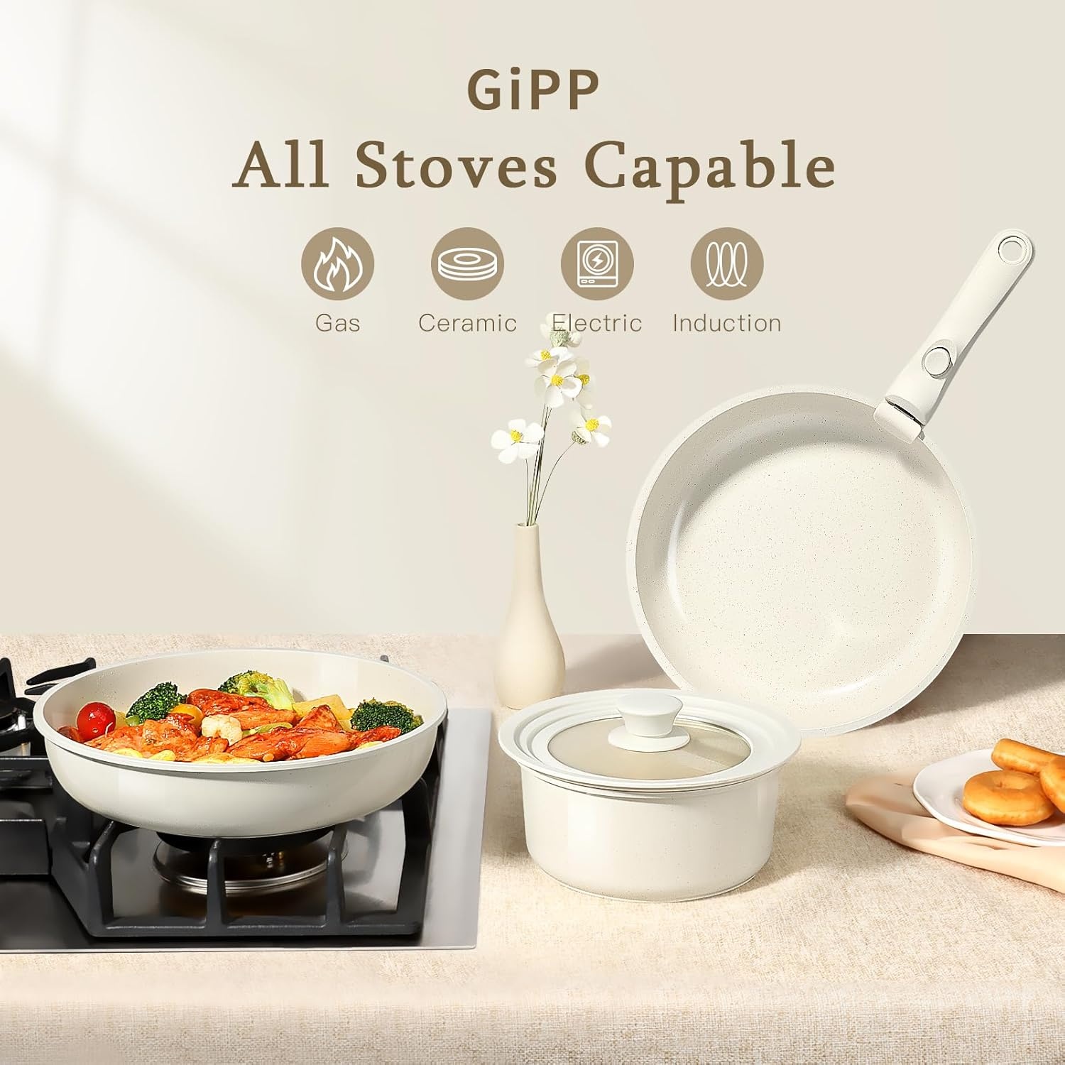 image:imageGiPP 5Pcs Pots and Pans Set Non Stick Cookware Sets Nonstick Detachable Handle Induction Kitchen Set Removable Handle RV Cookware set Oven SafeWhite