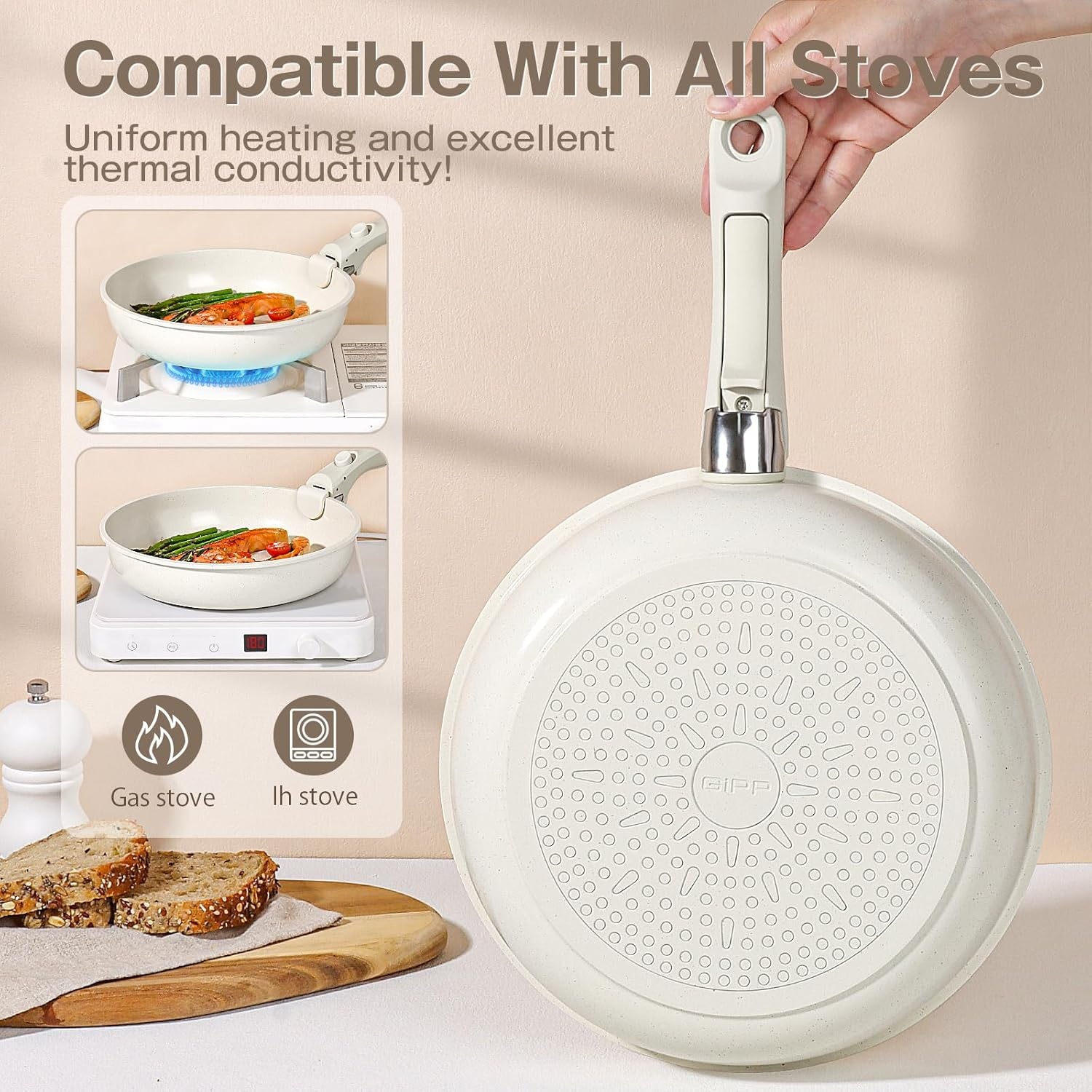 image:imageGiPP 5Pcs Pots and Pans Set Non Stick Cookware Sets Nonstick Detachable Handle Induction Kitchen Set Removable Handle RV Cookware set Oven SafeWhite
