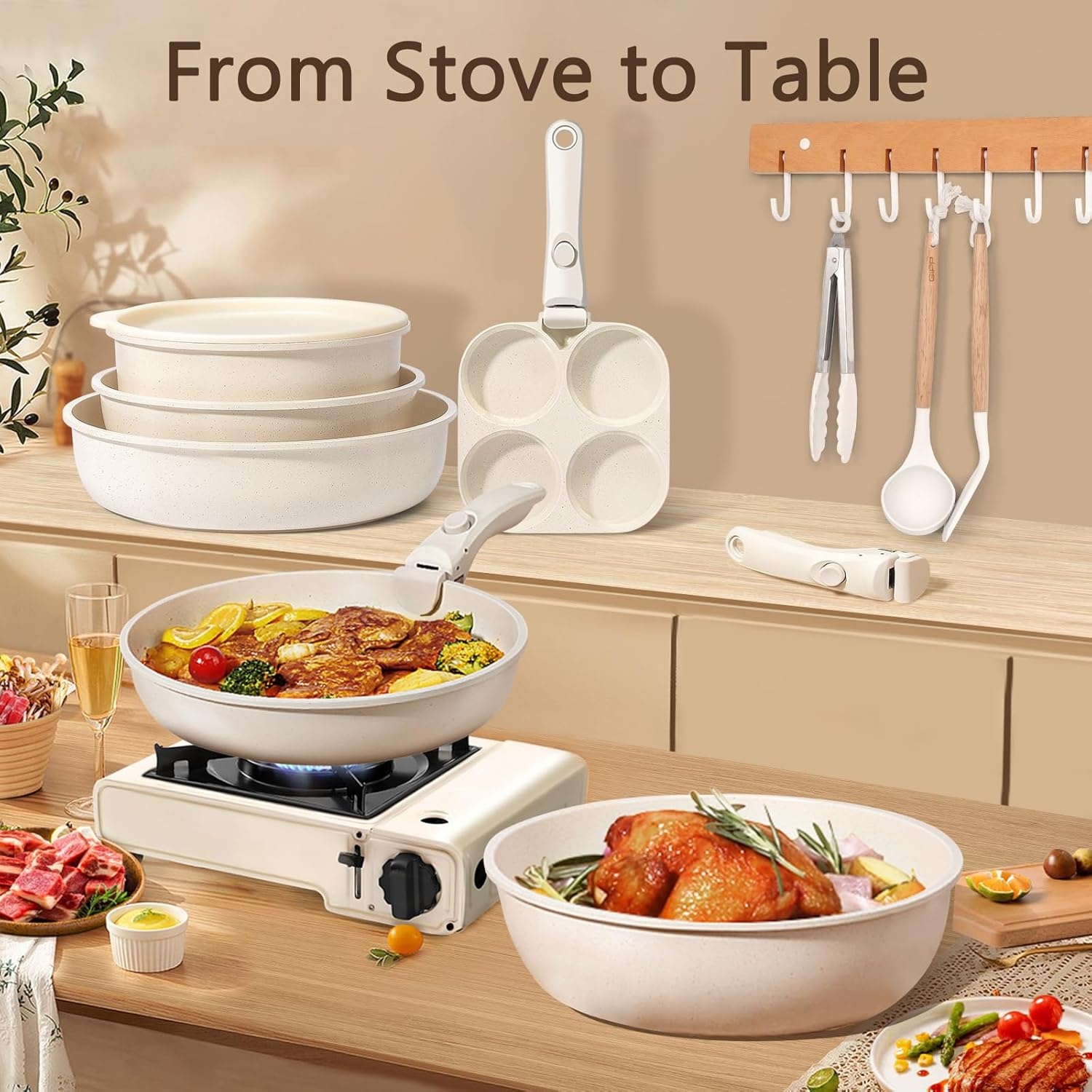 image:imageGiPP 5Pcs Pots and Pans Set Non Stick Cookware Sets Nonstick Detachable Handle Induction Kitchen Set Removable Handle RV Cookware set Oven SafeWhite