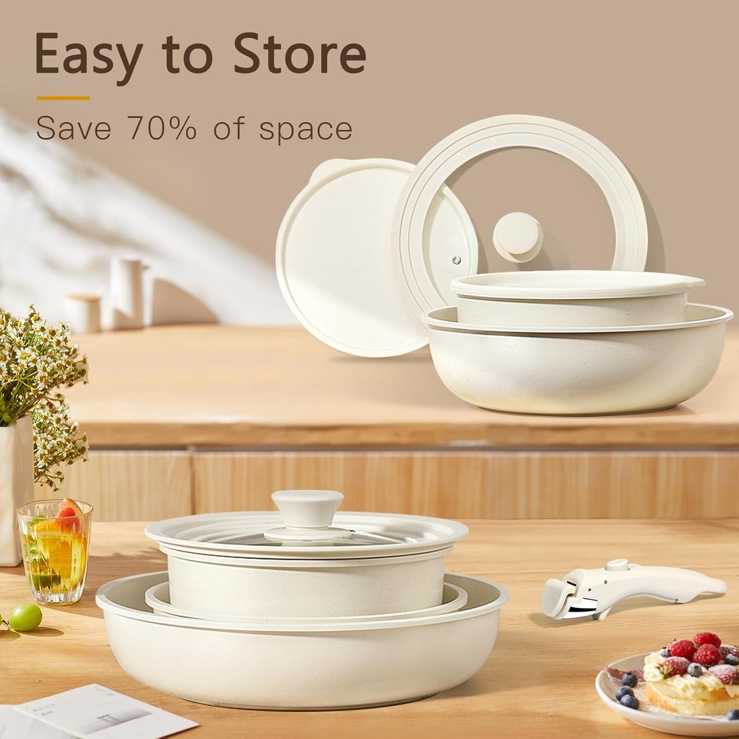 image:imageGiPP 5Pcs Pots and Pans Set Non Stick Cookware Sets Nonstick Detachable Handle Induction Kitchen Set Removable Handle RV Cookware set Oven SafeWhite