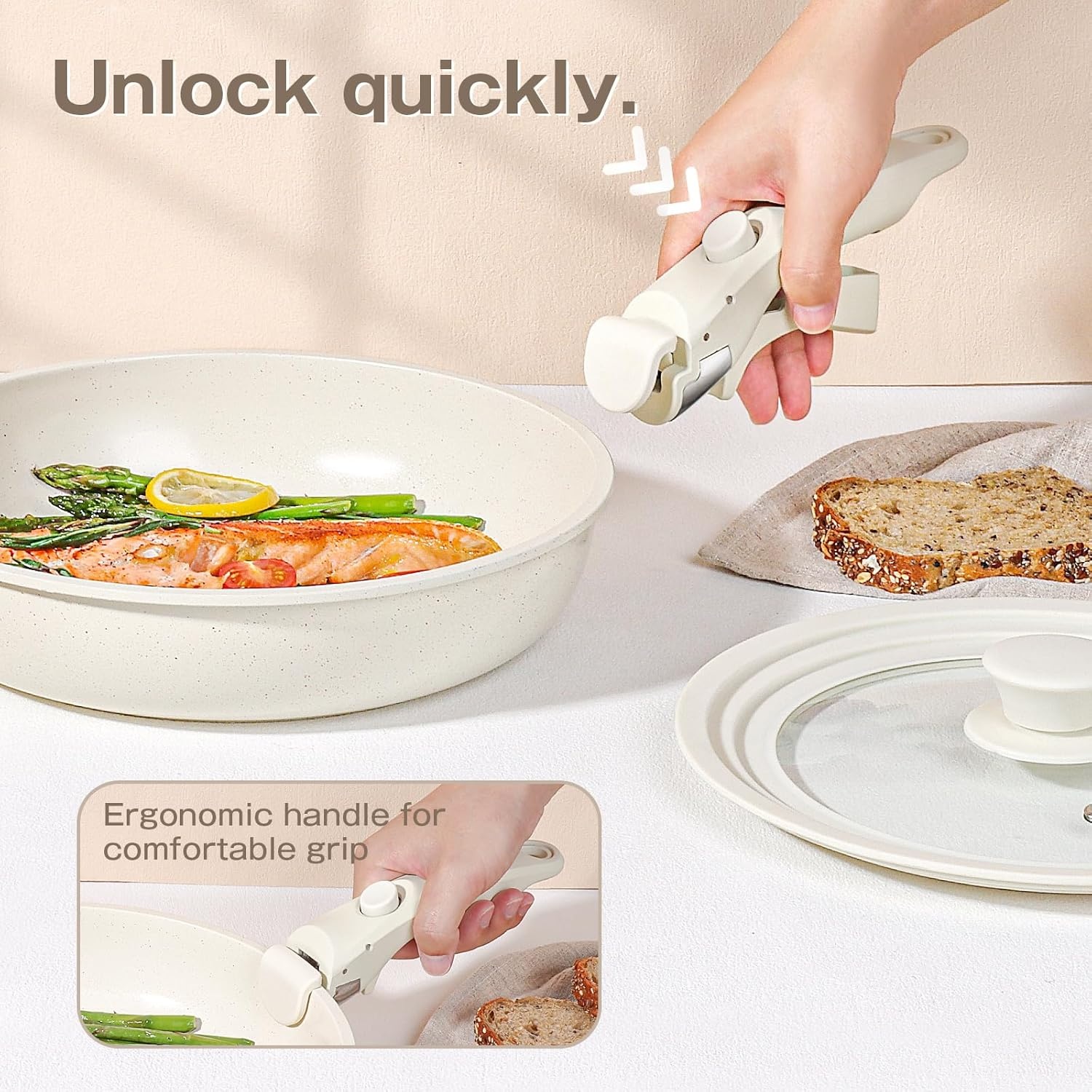 image:imageGiPP 5Pcs Pots and Pans Set Non Stick Cookware Sets Nonstick Detachable Handle Induction Kitchen Set Removable Handle RV Cookware set Oven SafeWhite
