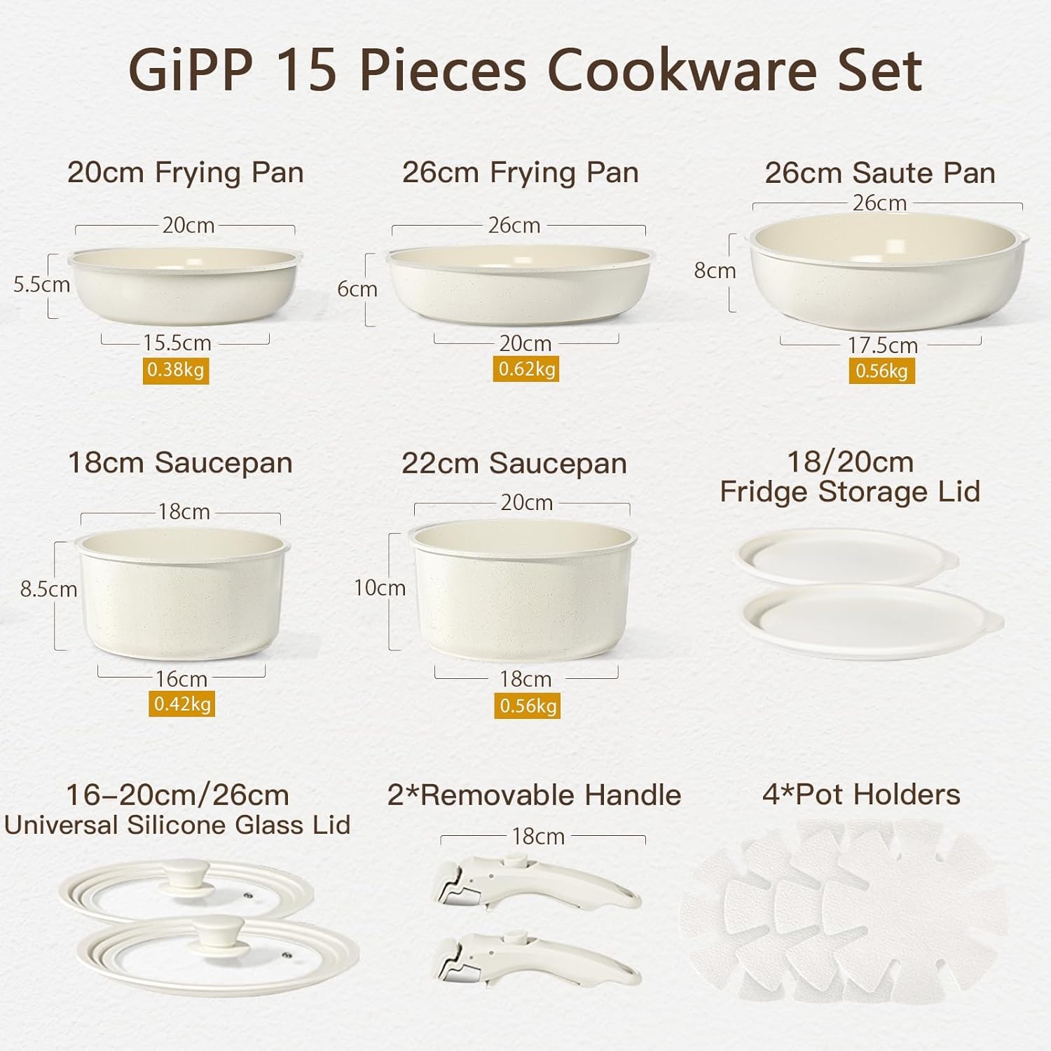 image:imageGiPP 5Pcs Pots and Pans Set Non Stick Cookware Sets Nonstick Detachable Handle Induction Kitchen Set Removable Handle RV Cookware set Oven SafeWhite