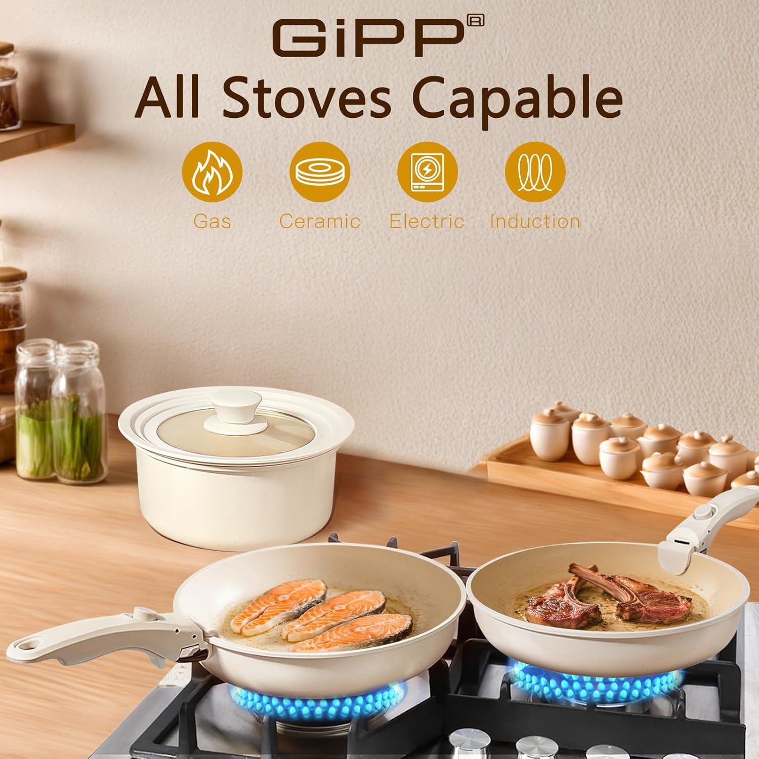 image:imageGiPP 5Pcs Pots and Pans Set Non Stick Cookware Sets Nonstick Detachable Handle Induction Kitchen Set Removable Handle RV Cookware set Oven SafeWhite