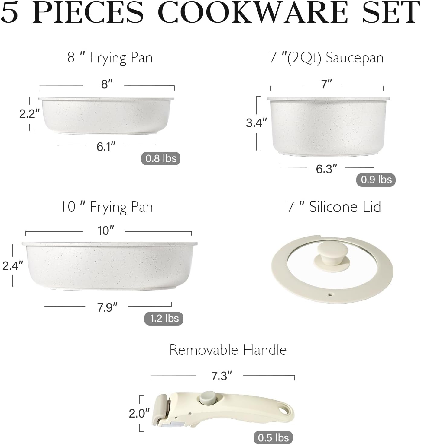 image:imageGiPP 5Pcs Pots and Pans Set Non Stick Cookware Sets Nonstick Detachable Handle Induction Kitchen Set Removable Handle RV Cookware set Oven SafeWhite