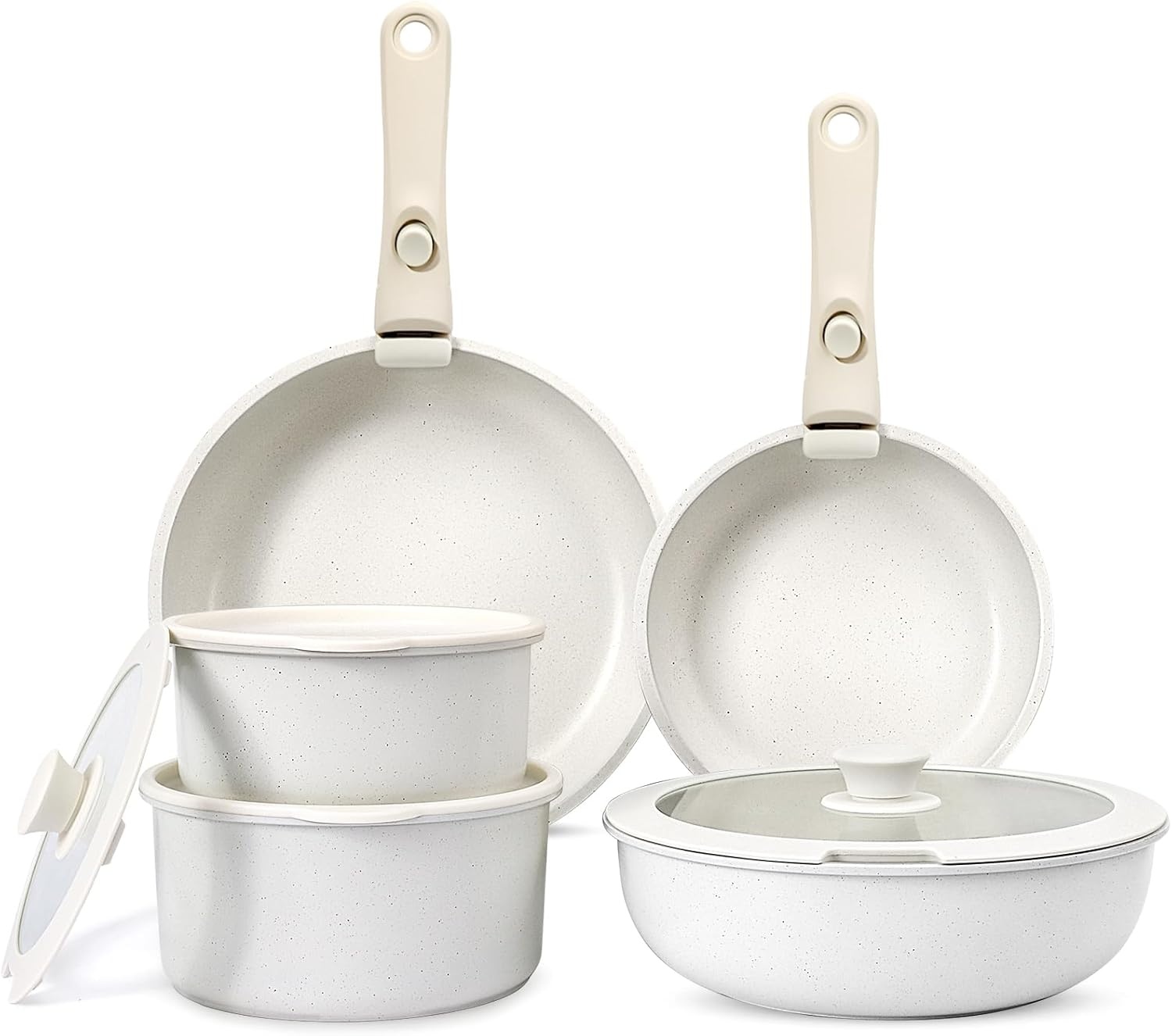 image:imageGiPP 5Pcs Pots and Pans Set Non Stick Cookware Sets Nonstick Detachable Handle Induction Kitchen Set Removable Handle RV Cookware set Oven SafeWhite