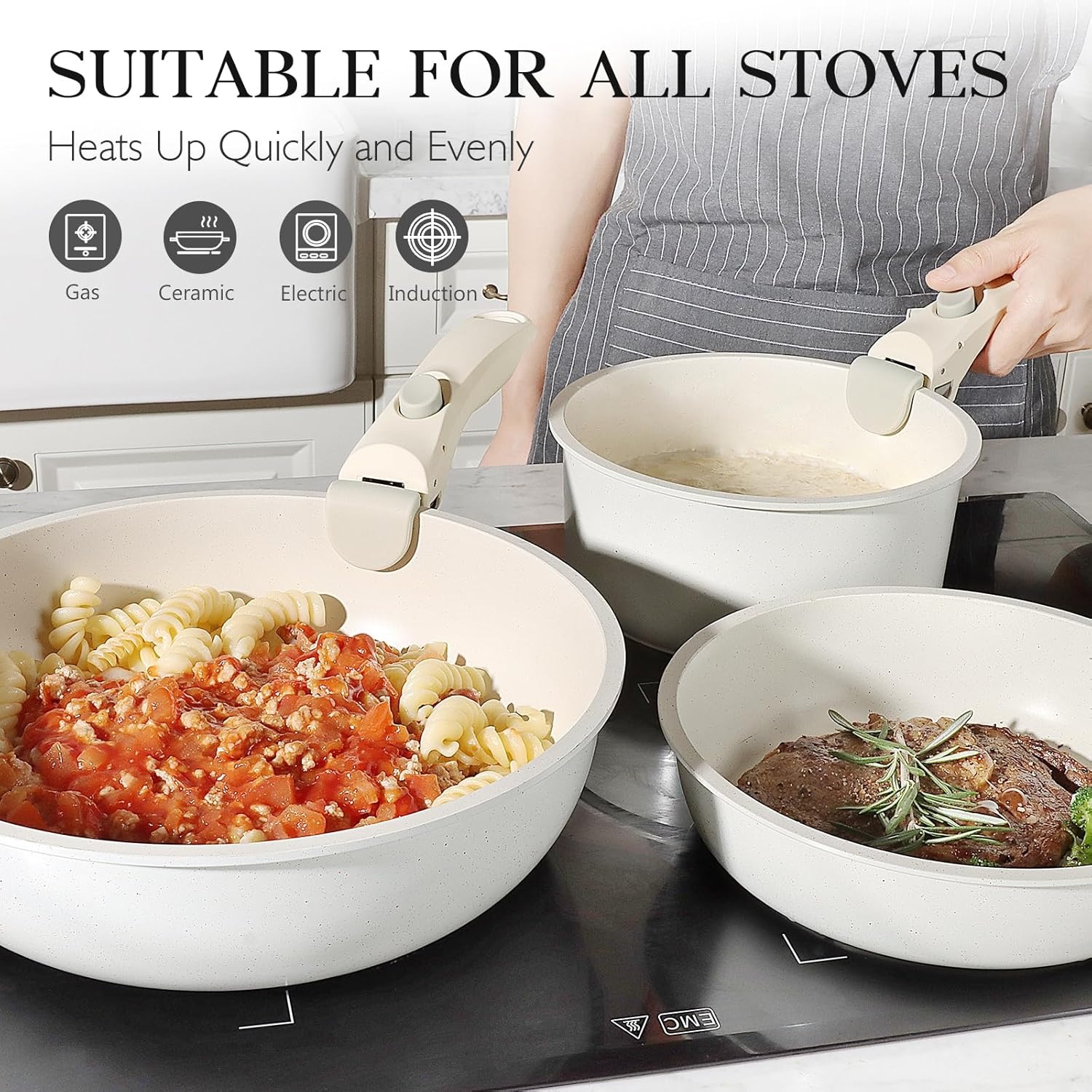 image:imageGiPP 5Pcs Pots and Pans Set Non Stick Cookware Sets Nonstick Detachable Handle Induction Kitchen Set Removable Handle RV Cookware set Oven SafeWhite