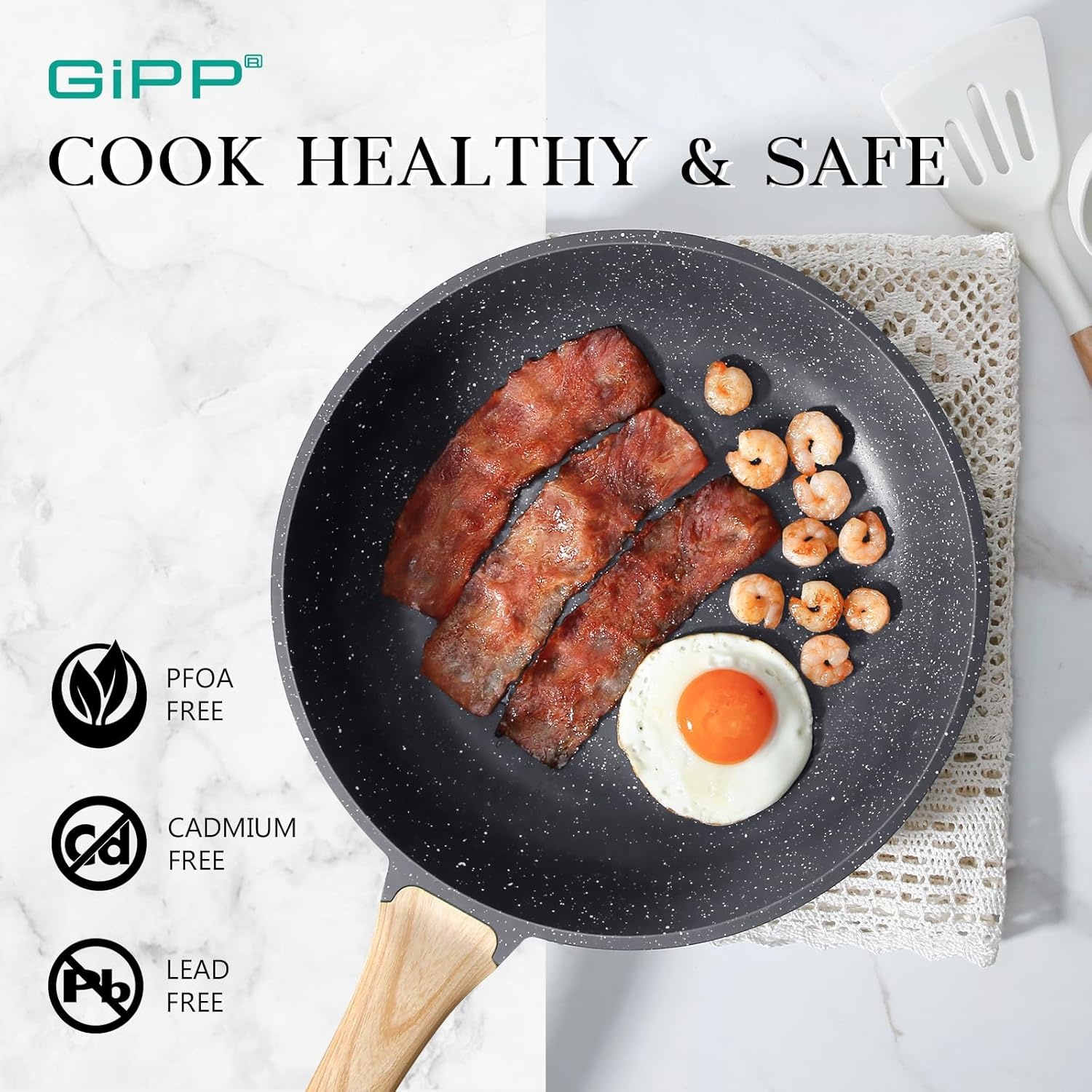 image:imageGiPP Ceramic Nonstick Frying Pan with Lid 12 Healthy NonToxic Non Stick Skillet Omelette Pans Induction Compatible Chef Pan PFAS amp PFOAFree Dishwasher Safe Stay Cool HandlesGray