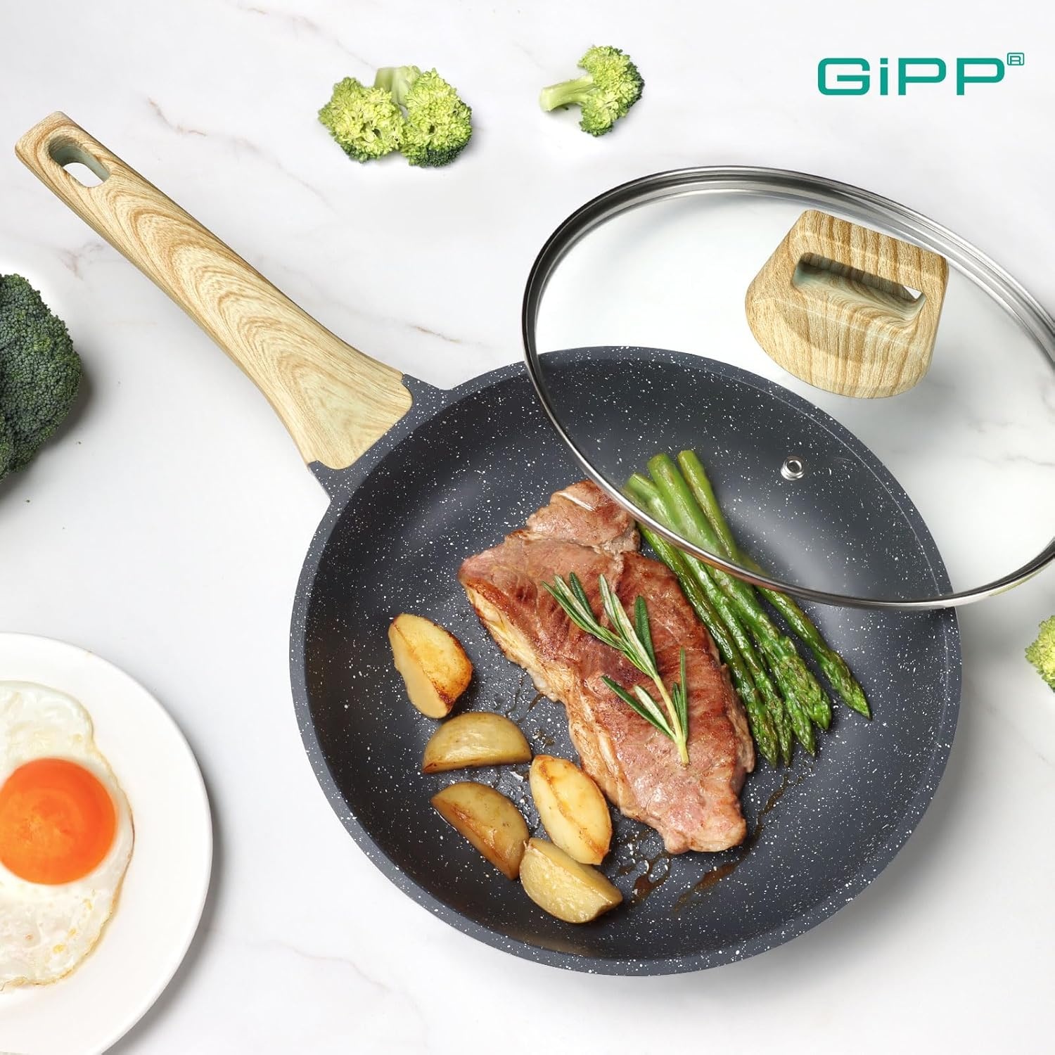 image:imageGiPP Ceramic Nonstick Frying Pan with Lid 12 Healthy NonToxic Non Stick Skillet Omelette Pans Induction Compatible Chef Pan PFAS amp PFOAFree Dishwasher Safe Stay Cool HandlesGray