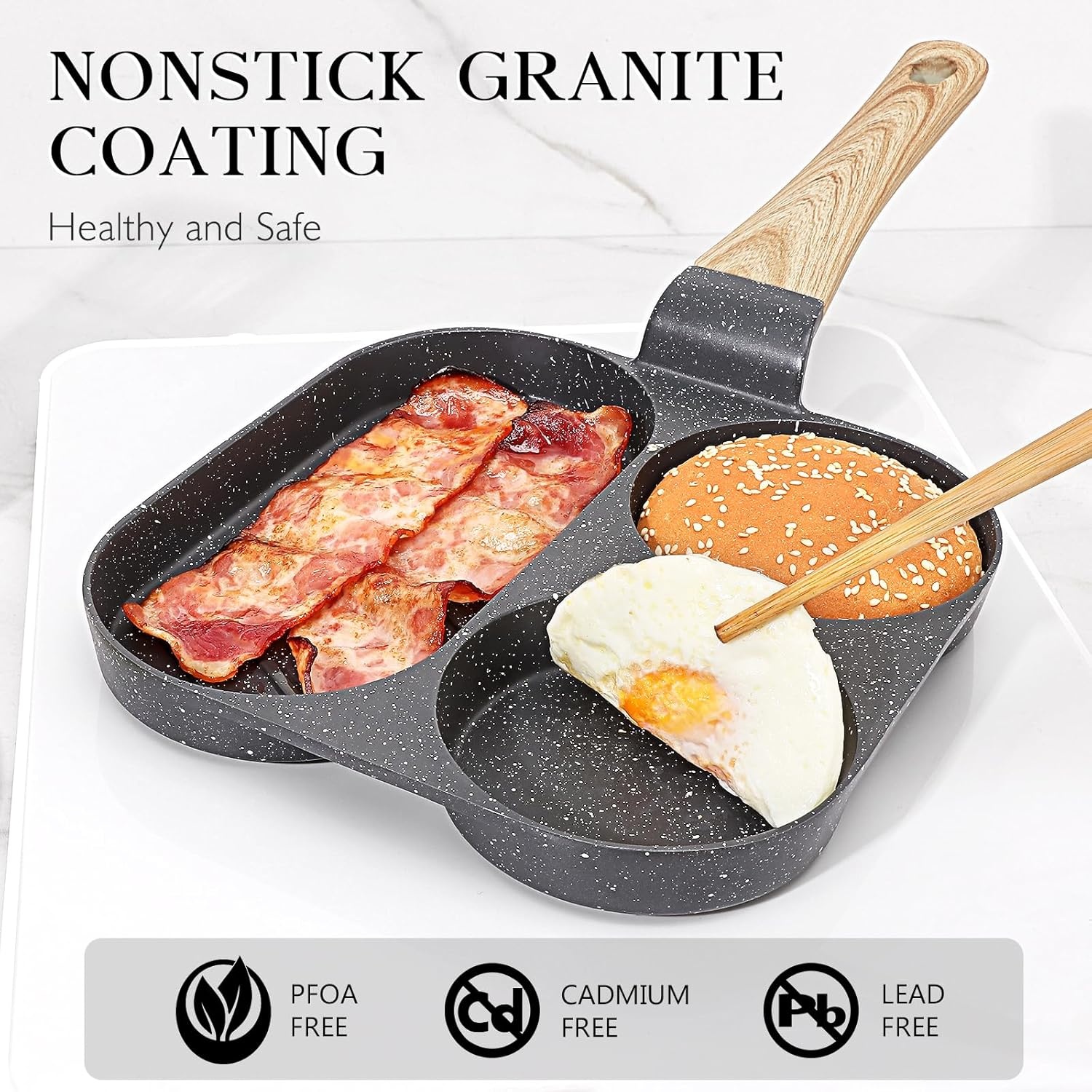 image:imageGiPP Non Stick Egg Pan 3 Section Breakfast Frying Pan 3In1 Divided Grill Pan with HeatResistant Handle 79 Omelette Pan Compatible with All Stovetops PFOA Free GreyDark Gray