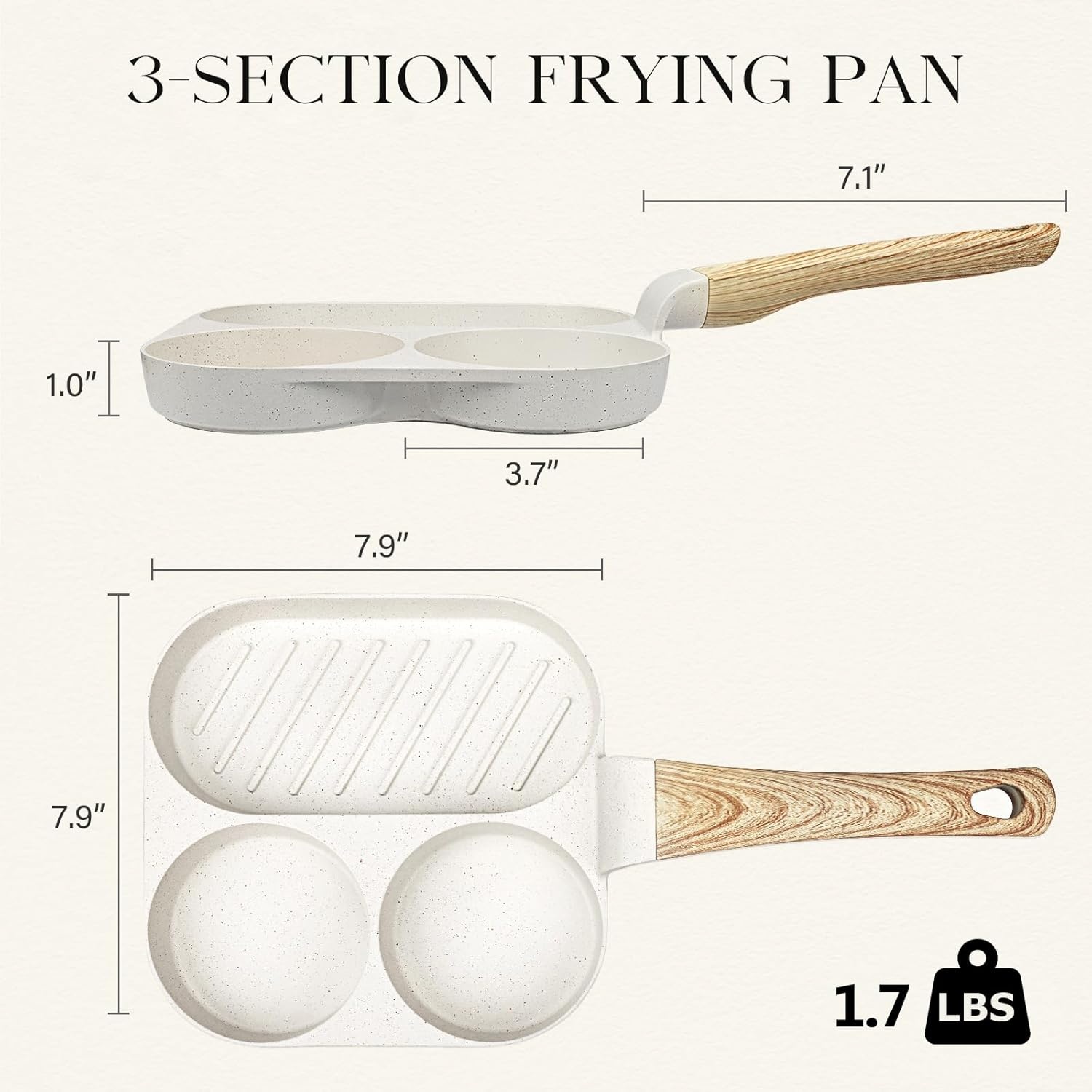 image:imageGiPP Non Stick Egg Pan 3 Section Breakfast Frying Pan 3In1 Divided Grill Pan with HeatResistant Handle 79 Omelette Pan Compatible with All Stovetops PFOA Free GreyCream White