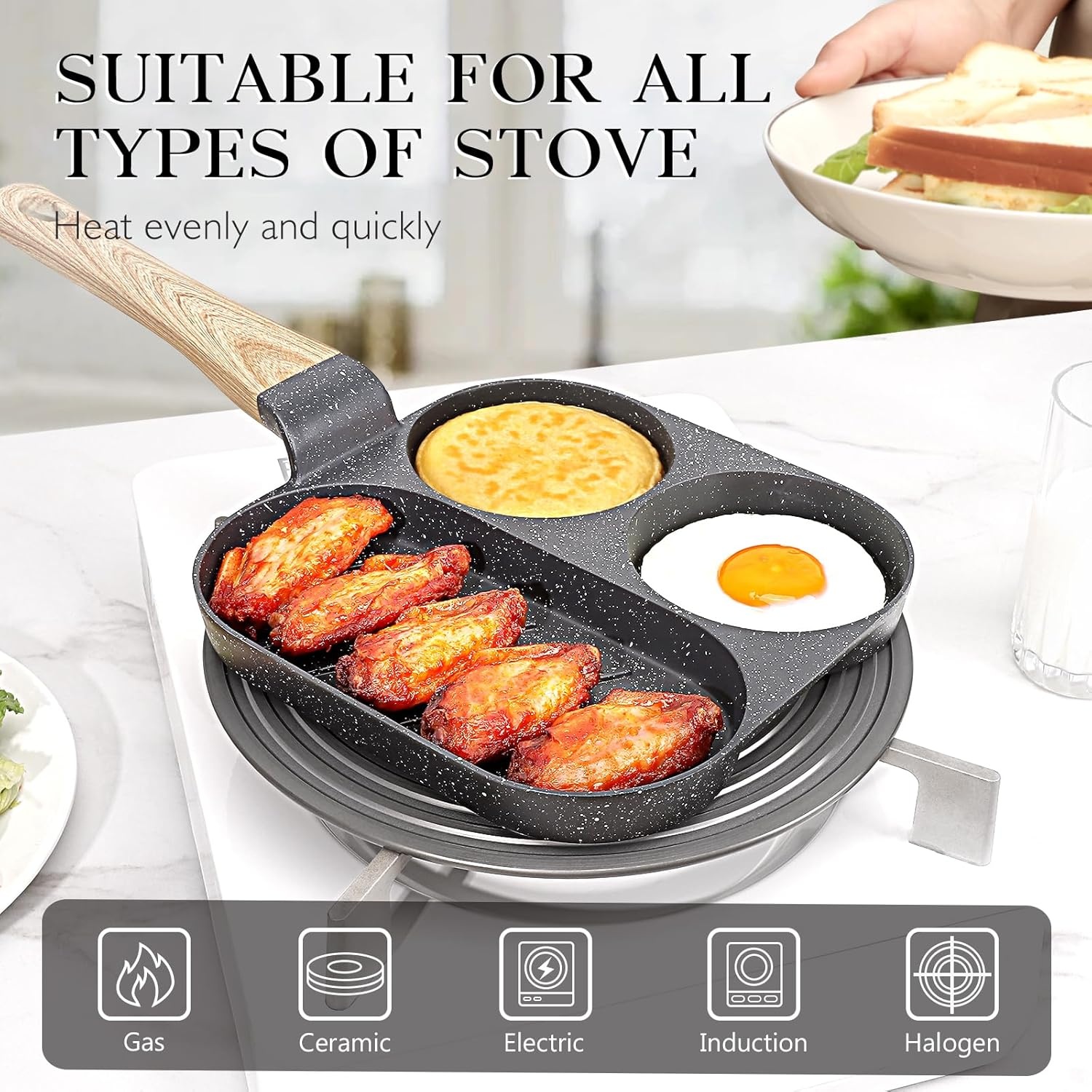 image:imageGiPP Non Stick Egg Pan 3 Section Breakfast Frying Pan 3In1 Divided Grill Pan with HeatResistant Handle 79 Omelette Pan Compatible with All Stovetops PFOA Free GreyDark Gray