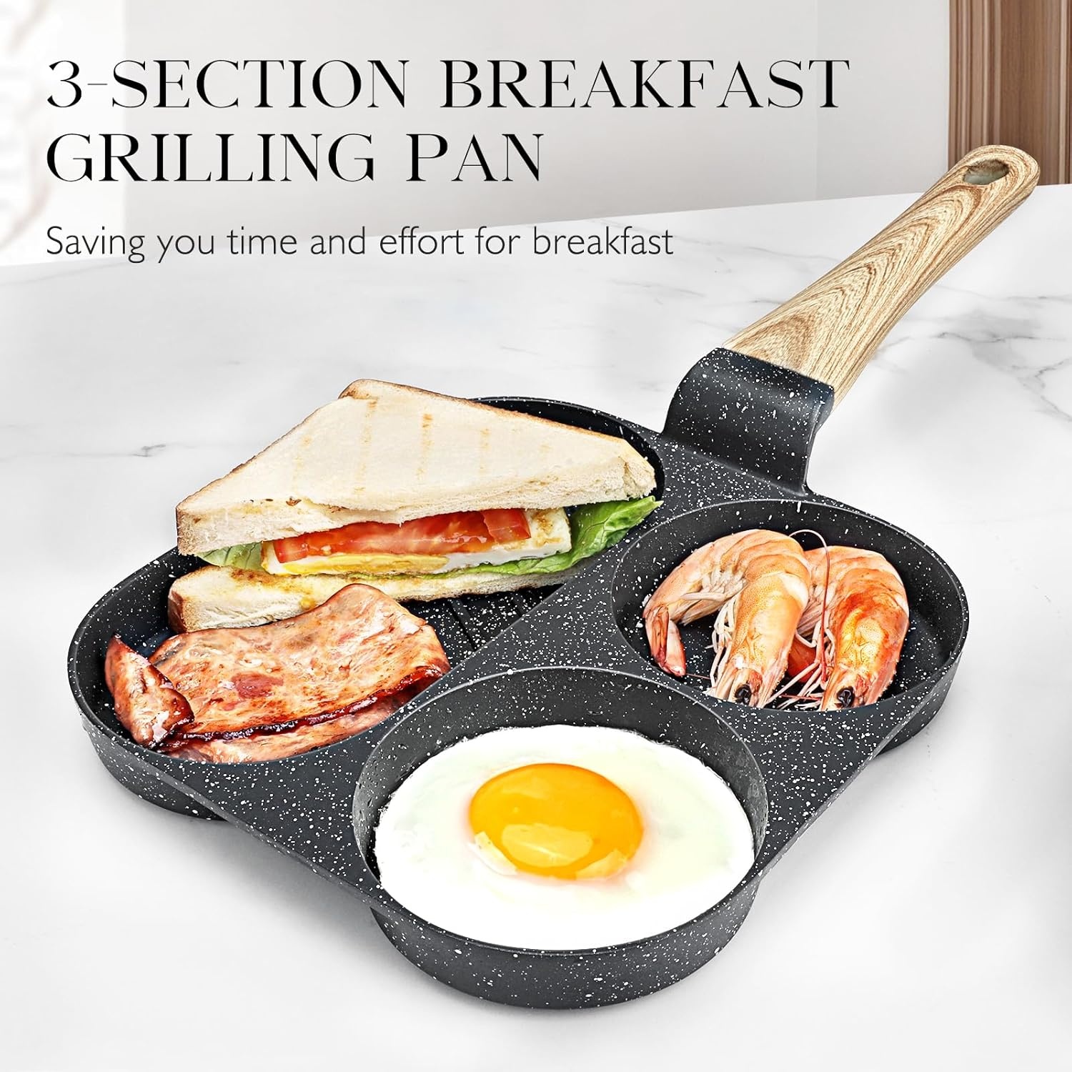image:imageGiPP Non Stick Egg Pan 3 Section Breakfast Frying Pan 3In1 Divided Grill Pan with HeatResistant Handle 79 Omelette Pan Compatible with All Stovetops PFOA Free GreyDark Gray