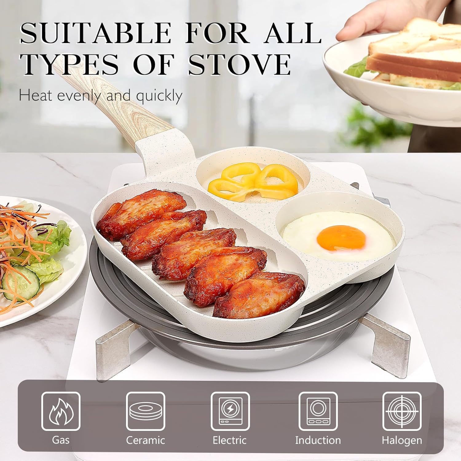 image:imageGiPP Non Stick Egg Pan 3 Section Breakfast Frying Pan 3In1 Divided Grill Pan with HeatResistant Handle 79 Omelette Pan Compatible with All Stovetops PFOA Free GreyCream White
