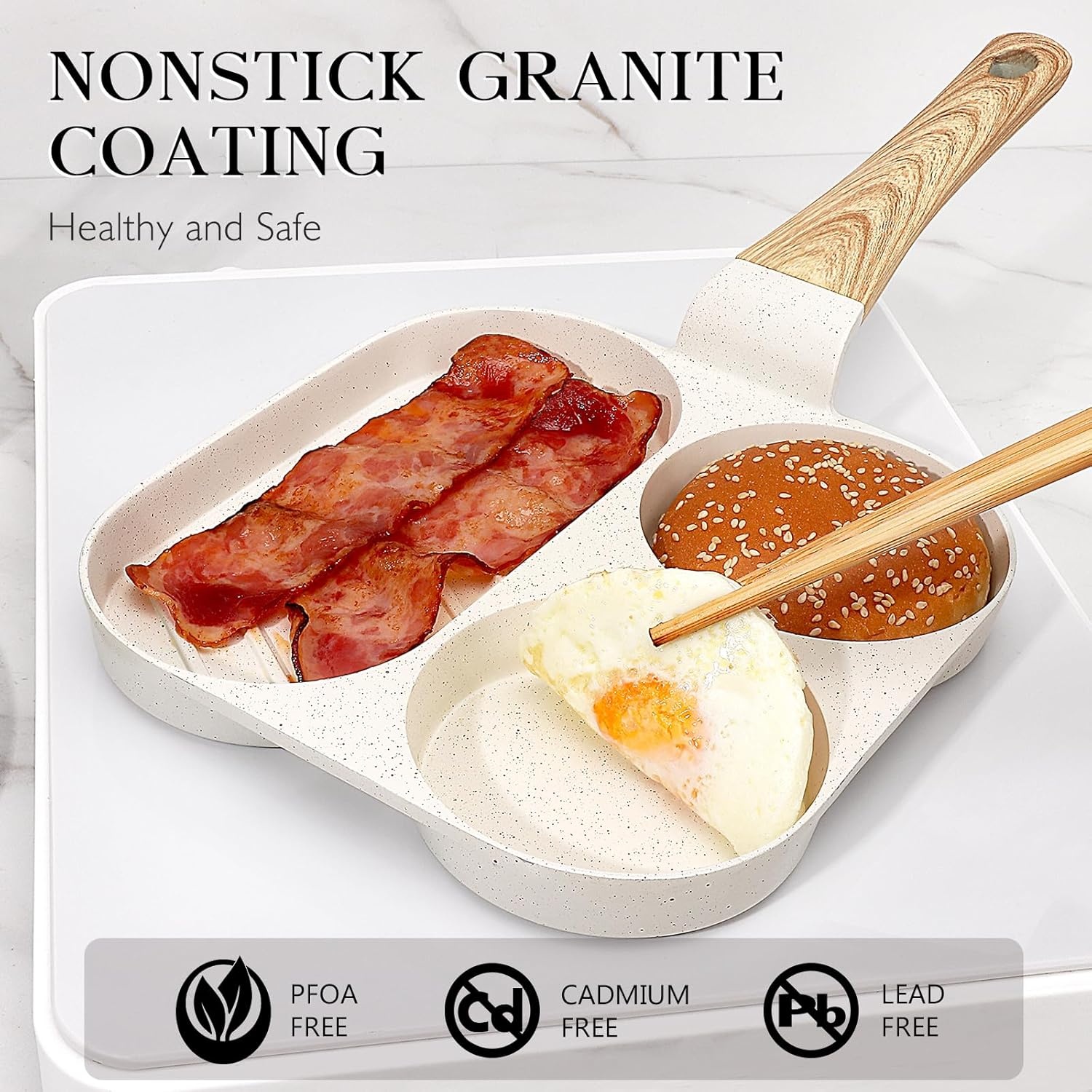 image:imageGiPP Non Stick Egg Pan 3 Section Breakfast Frying Pan 3In1 Divided Grill Pan with HeatResistant Handle 79 Omelette Pan Compatible with All Stovetops PFOA Free GreyCream White