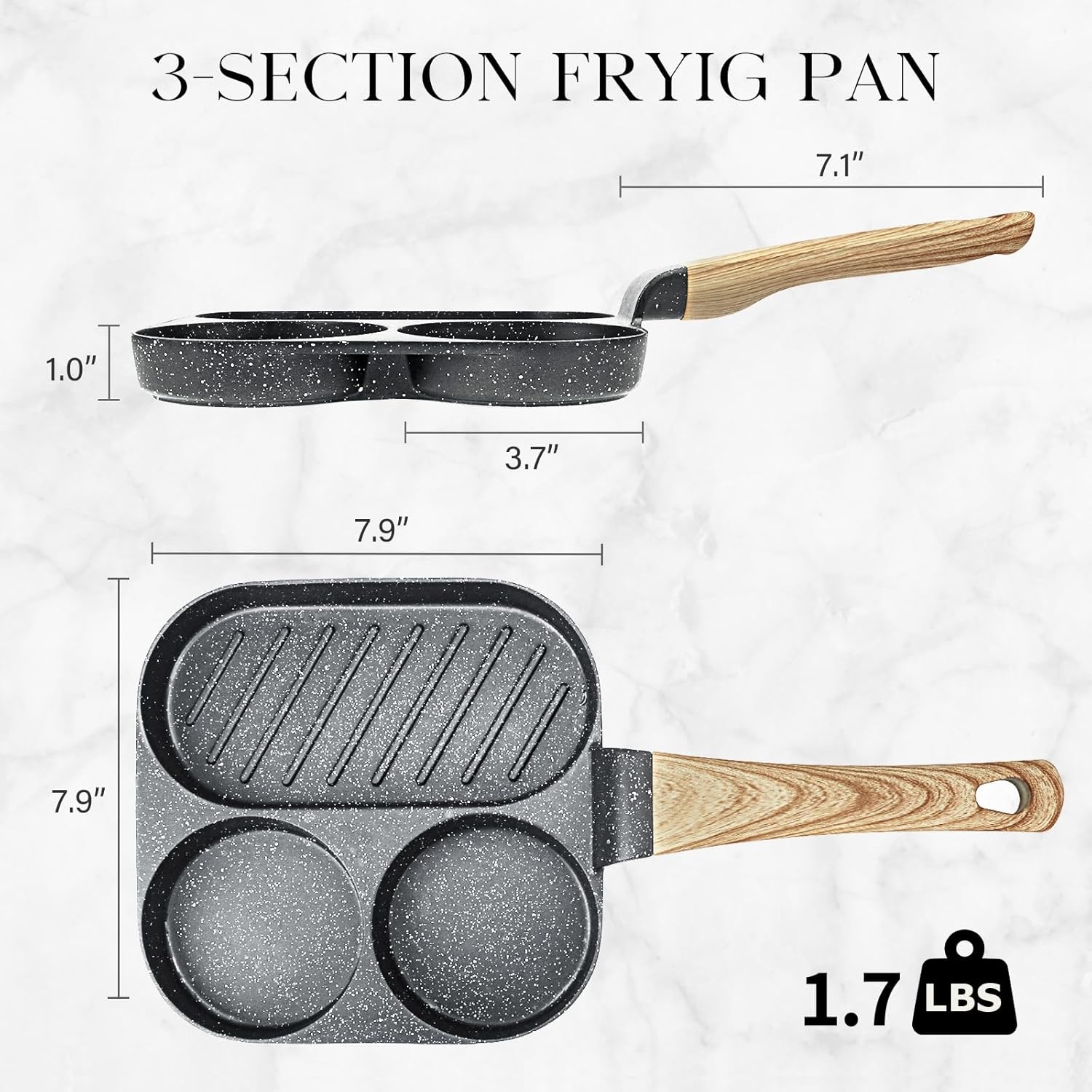 image:imageGiPP Non Stick Egg Pan 3 Section Breakfast Frying Pan 3In1 Divided Grill Pan with HeatResistant Handle 79 Omelette Pan Compatible with All Stovetops PFOA Free GreyDark Gray