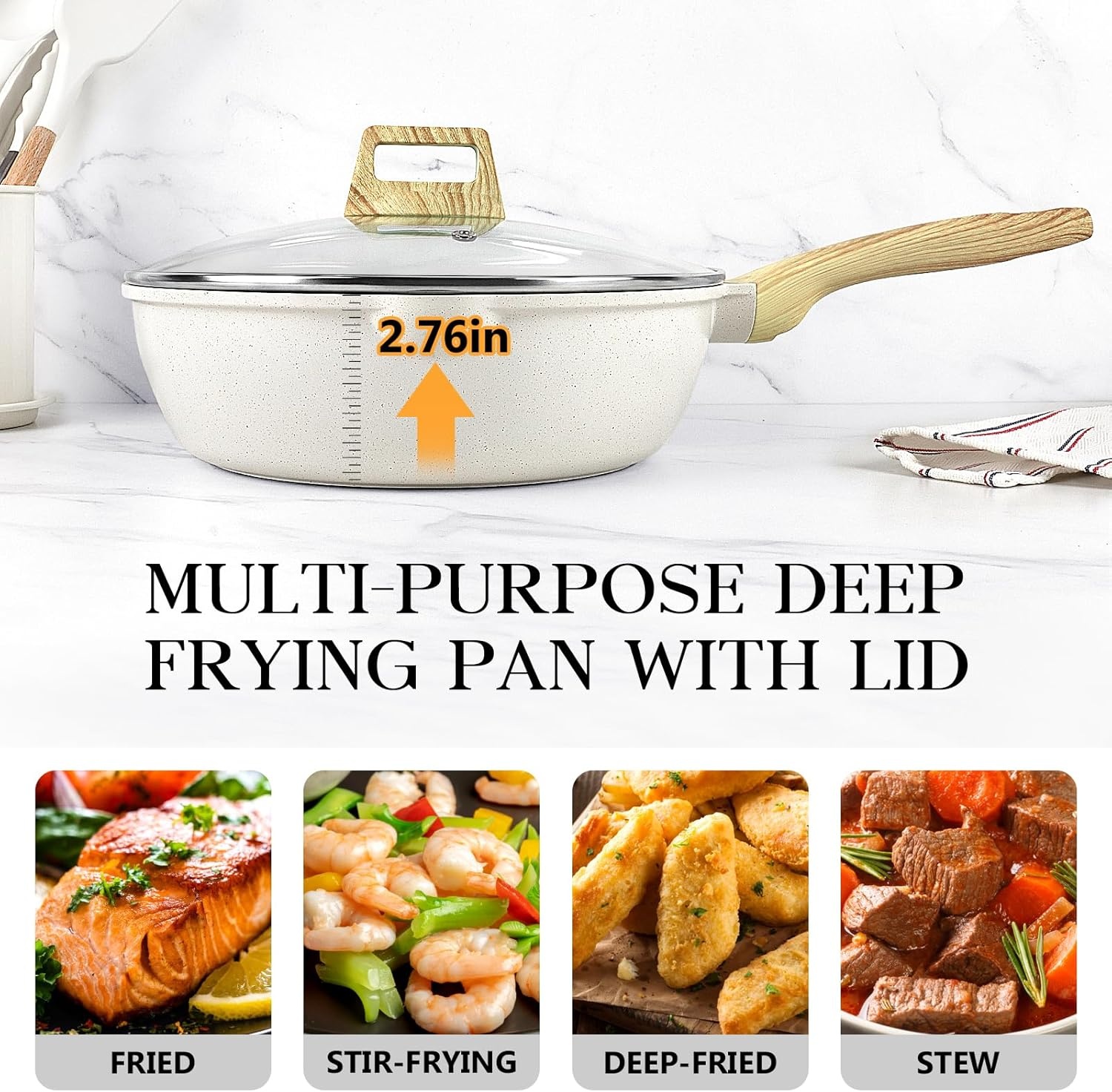 image:imageGiPP Nonstick Deep Frying Pan Skillet 95 Saute Pan with Lid Granite Induction Cookware Non Stick Cooking Pan PFOA PFOS APEO Free WhiteCream