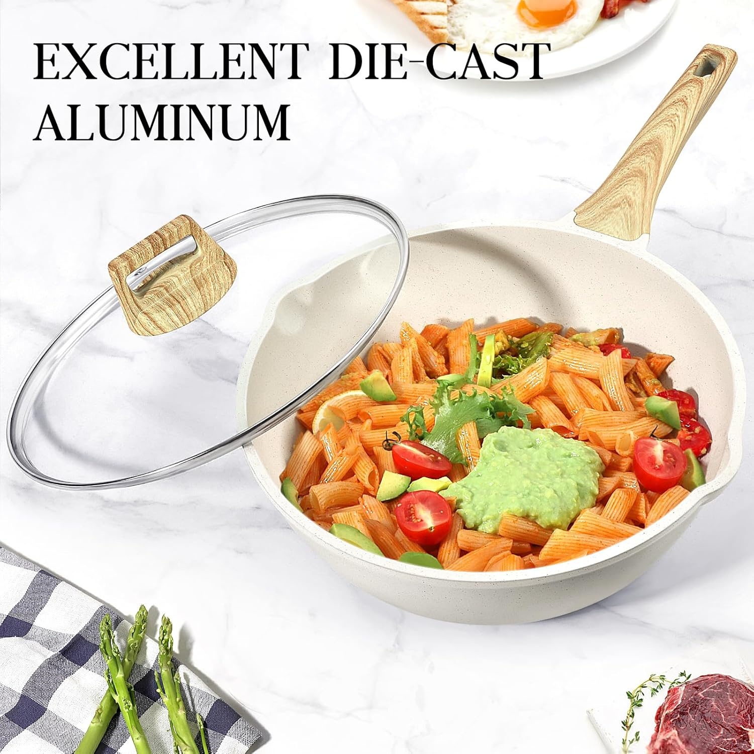 image:imageGiPP Nonstick Deep Frying Pan Skillet 95 Saute Pan with Lid Granite Induction Cookware Non Stick Cooking Pan PFOA PFOS APEO Free WhiteCream