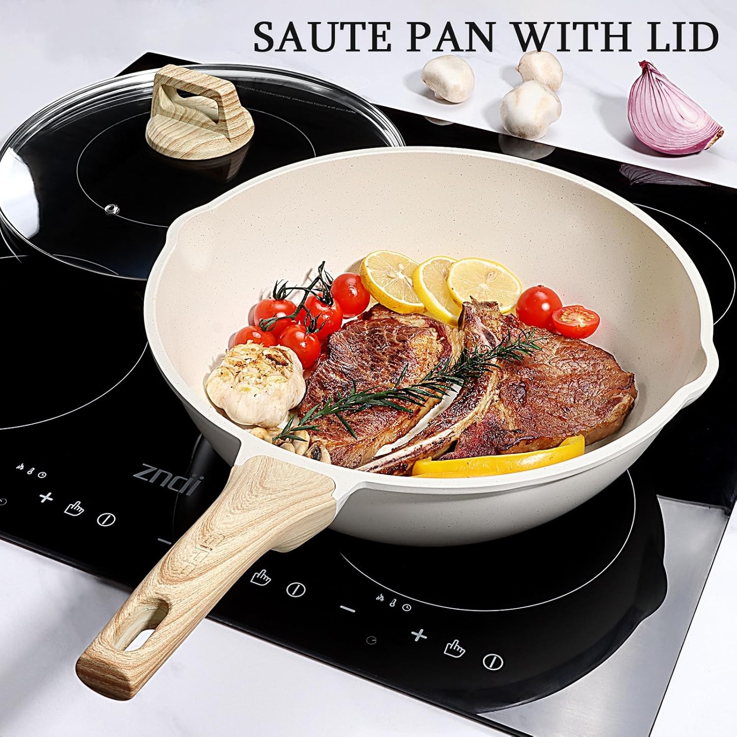 image:imageGiPP Nonstick Deep Frying Pan Skillet 95 Saute Pan with Lid Granite Induction Cookware Non Stick Cooking Pan PFOA PFOS APEO Free WhiteCream