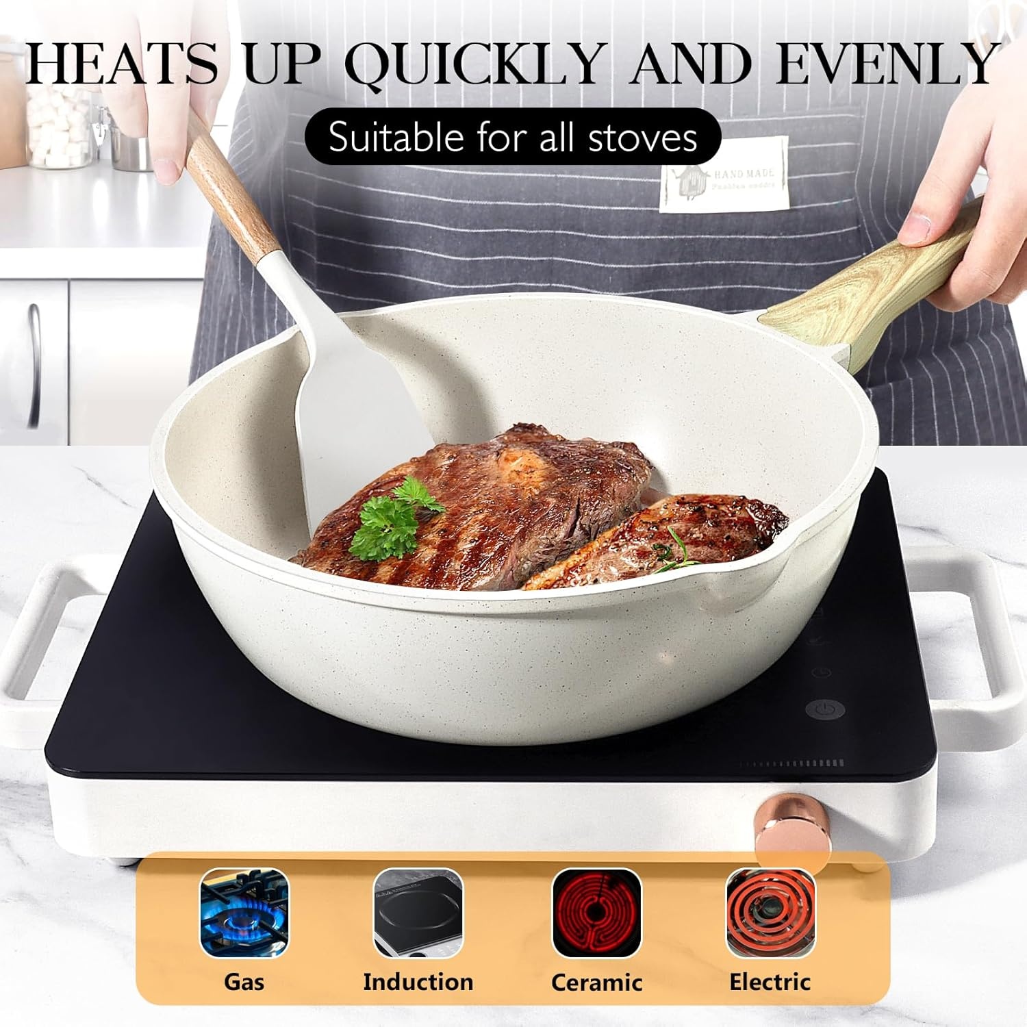 image:imageGiPP Nonstick Deep Frying Pan Skillet 95 Saute Pan with Lid Granite Induction Cookware Non Stick Cooking Pan PFOA PFOS APEO Free WhiteCream