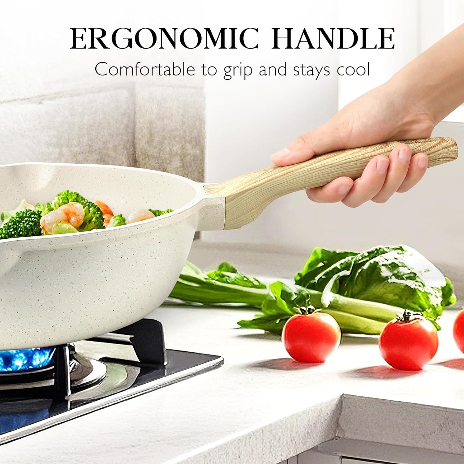 image:imageGiPP Nonstick Deep Frying Pan Skillet 95 Saute Pan with Lid Granite Induction Cookware Non Stick Cooking Pan PFOA PFOS APEO Free WhiteCream