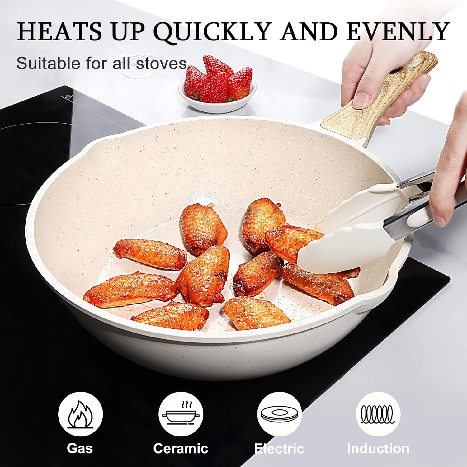 image:imageGiPP Nonstick Deep Frying Pan Skillet 95 Saute Pan with Lid Granite Induction Cookware Non Stick Cooking Pan PFOA PFOS APEO Free WhiteCream