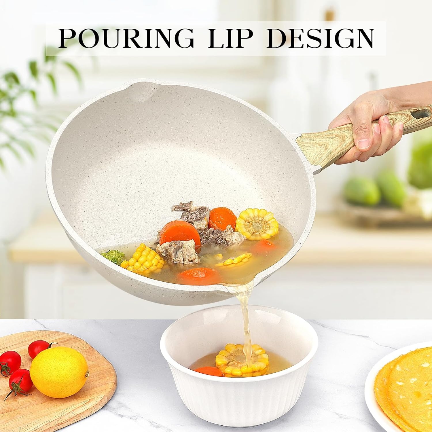 image:imageGiPP Nonstick Deep Frying Pan Skillet 95 Saute Pan with Lid Granite Induction Cookware Non Stick Cooking Pan PFOA PFOS APEO Free WhiteCream
