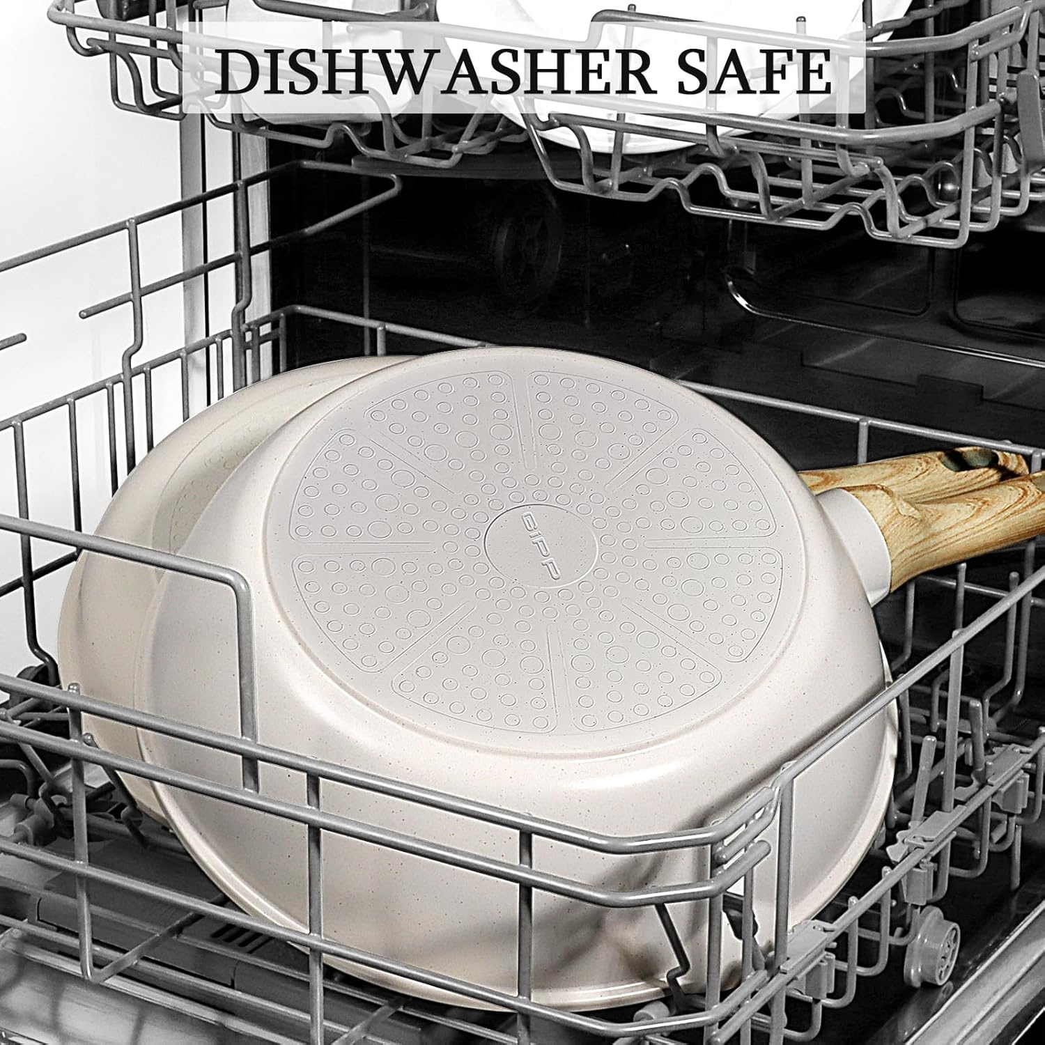 image:imageGiPP Nonstick Deep Frying Pan Skillet 95 Saute Pan with Lid Granite Induction Cookware Non Stick Cooking Pan PFOA PFOS APEO Free WhiteCream