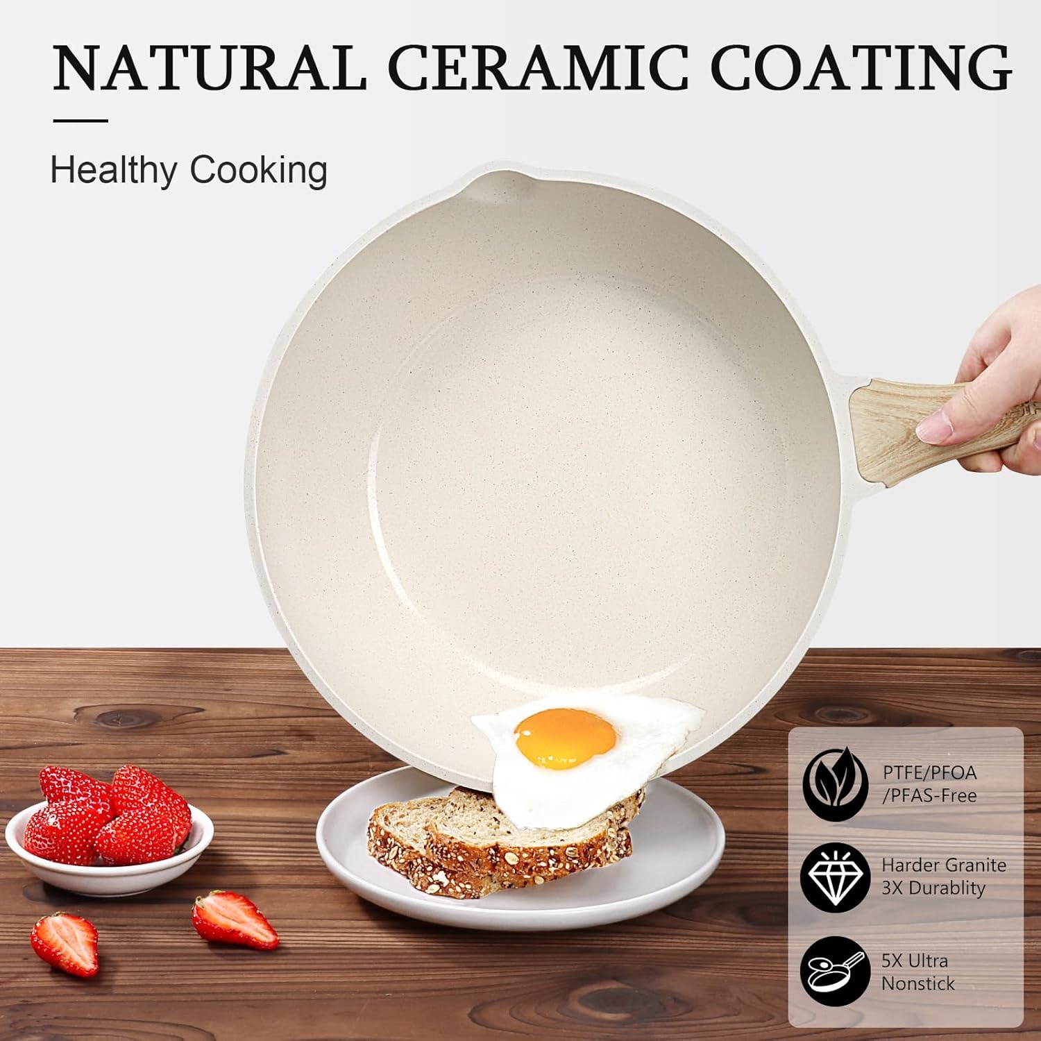image:imageGiPP Nonstick Deep Frying Pan Skillet 95 Saute Pan with Lid Granite Induction Cookware Non Stick Cooking Pan PFOA PFOS APEO Free WhiteCream