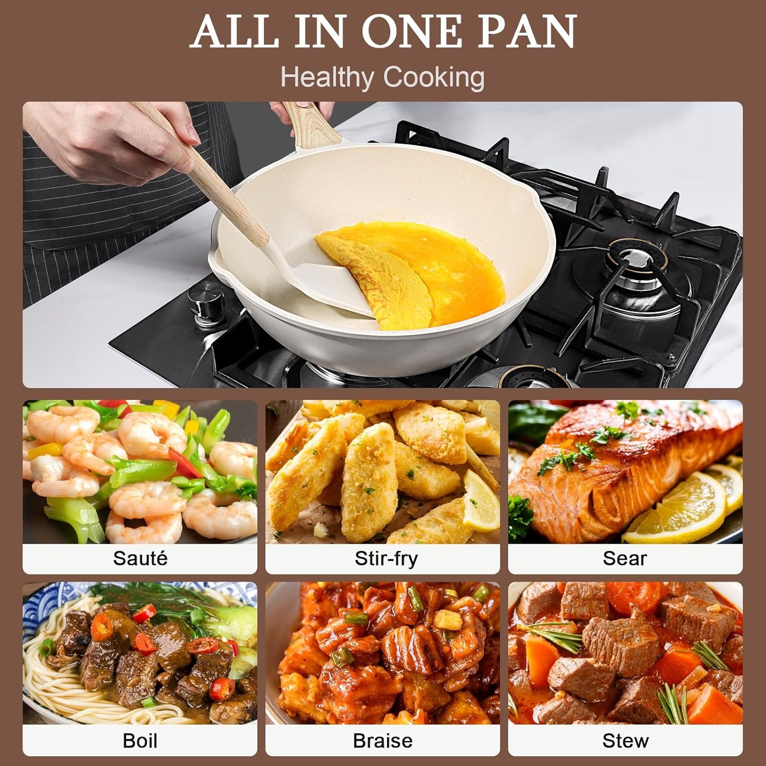 image:imageGiPP Nonstick Deep Frying Pan Skillet 95 Saute Pan with Lid Granite Induction Cookware Non Stick Cooking Pan PFOA PFOS APEO Free WhiteCream