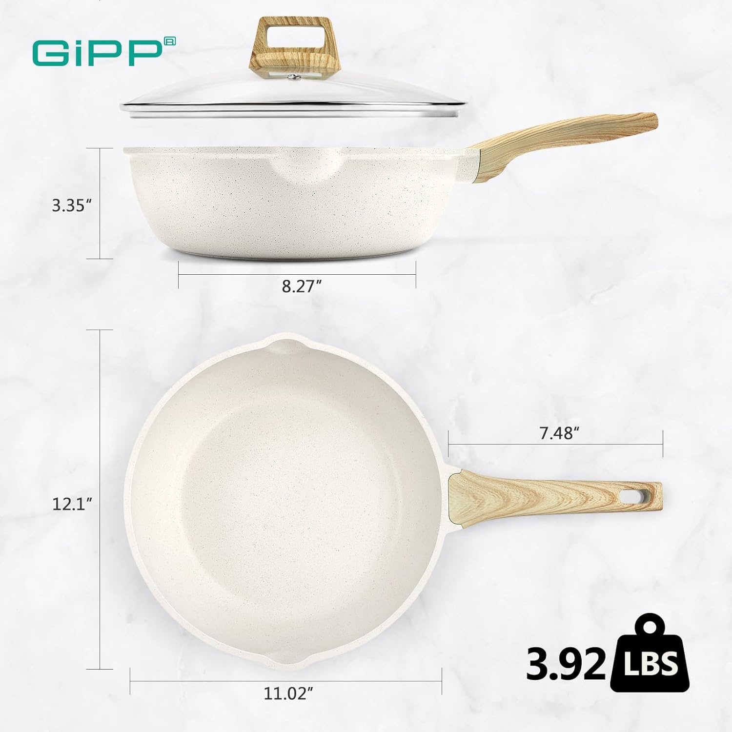 image:imageGiPP Nonstick Deep Frying Pan Skillet 95 Saute Pan with Lid Granite Induction Cookware Non Stick Cooking Pan PFOA PFOS APEO Free WhiteCream